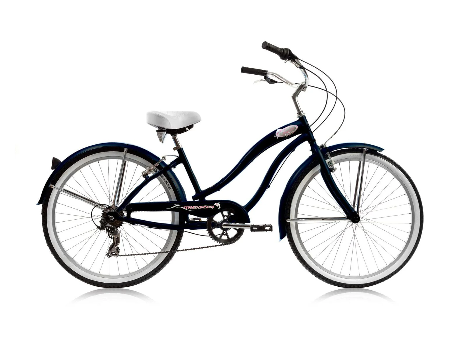 Wonder Wheels Beach Cruiser Shimano Tx-35 7 Speed Bicycle, Bike, V-Brake Stainless Steel Spokes One Piece Crank Alloy Pink Rims 36H W/ Fender - Matte Black