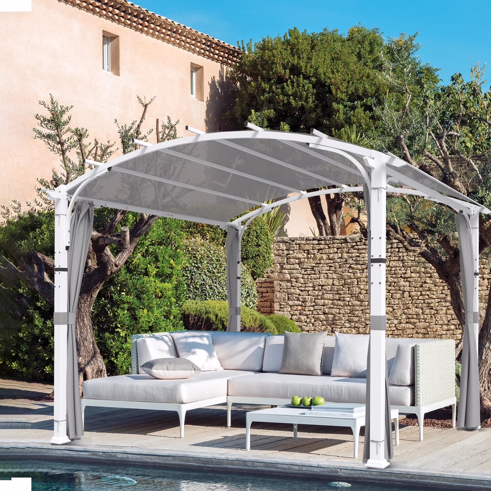 COOS BAY 11 x 11 Outdoor Steel Arched White Pergola with Shade Canopy and Sidewall,Gray