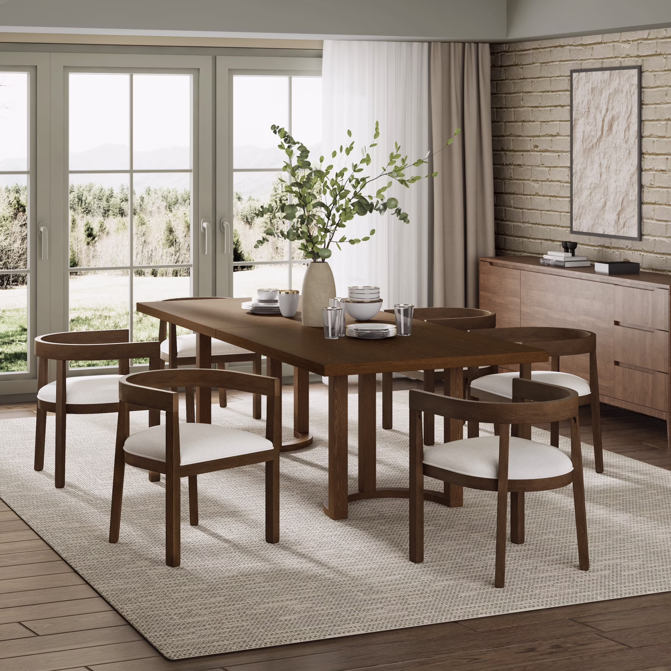 Christopher Knight Home 7-Piece Dining Set with 95" Wood Table, Open-Back Upholstered Armchairs, Walnut+Beige