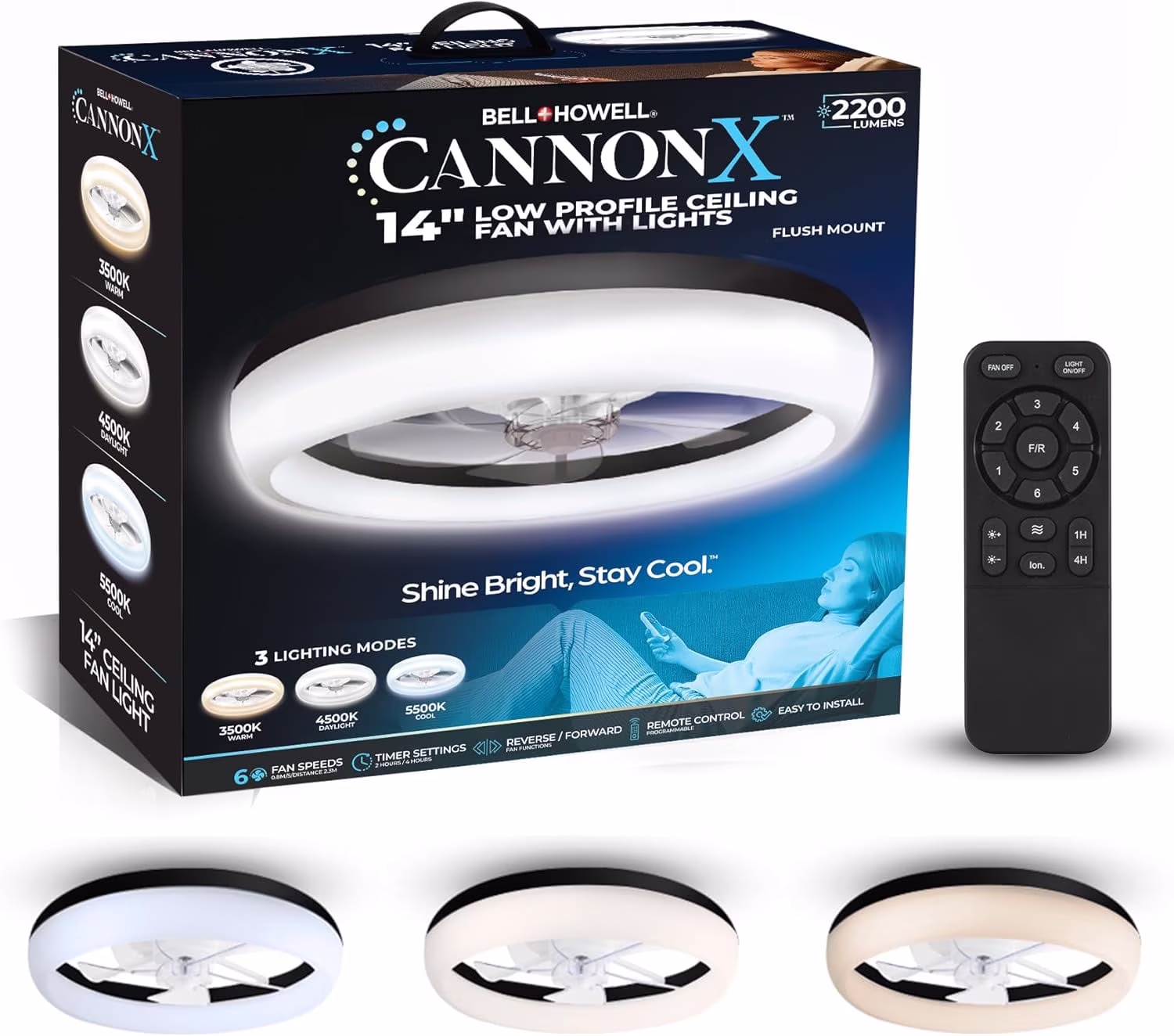 CannonX 14�� Low Profile Ceiling Fans with Lights and Remote, Modern Fandelier Ceiling Fan with Light, 6 Speeds, 3 Lighting Modes 3500K-5500K, Flush Mount for Bedroom, LED 2200 Lumens