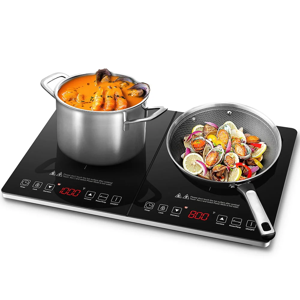 AMZCHEF 1800W Double Induction Cooktop Low Noise with Independent Control 2 Burners, 10 Temperature, 9 Power Levels, 3-hour Timer & Child Safety Lock