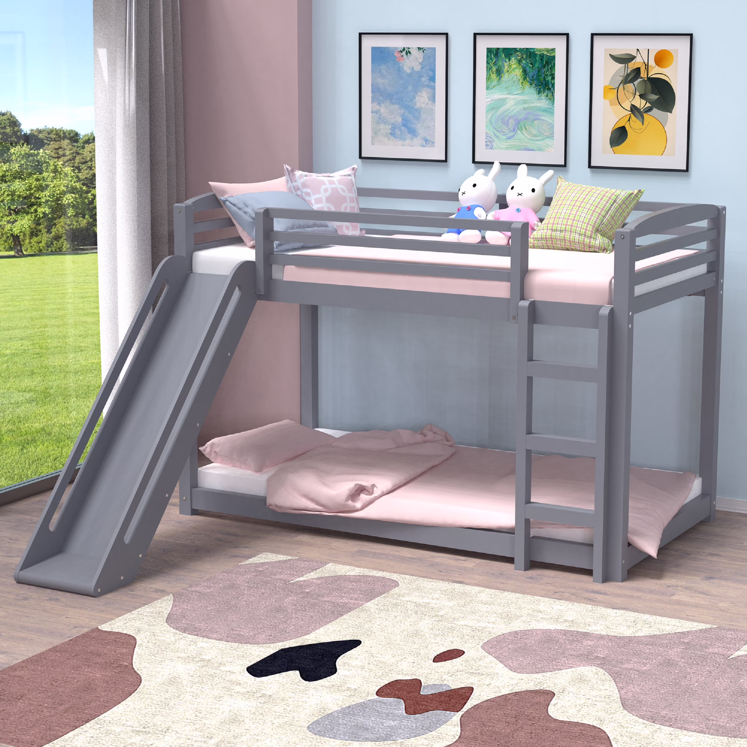 DreamBuck Bunk Bed Twin over Twin with Slide, Solid Wood Twin Bunk Bed with 14.8" High Safety Guard Rails & Ladder, Floor Bunk Bed for Teens Adults, Low Bunk Bed Space-saving, Noise-Free, Gray