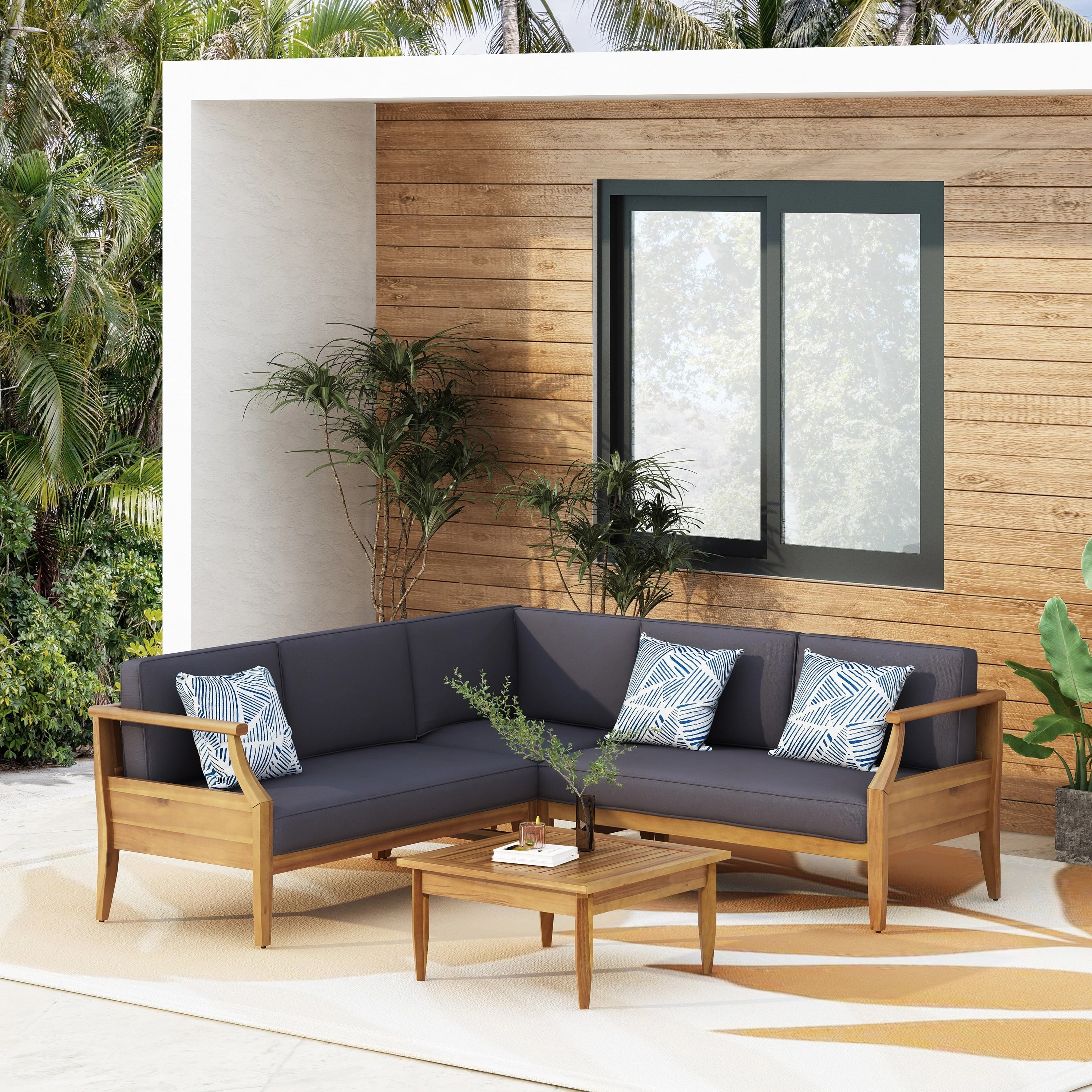 Sloane Acacia Wood Outdoor 5 Seater Sectional Chat Set with Cushions, Teak and Dark Gray
