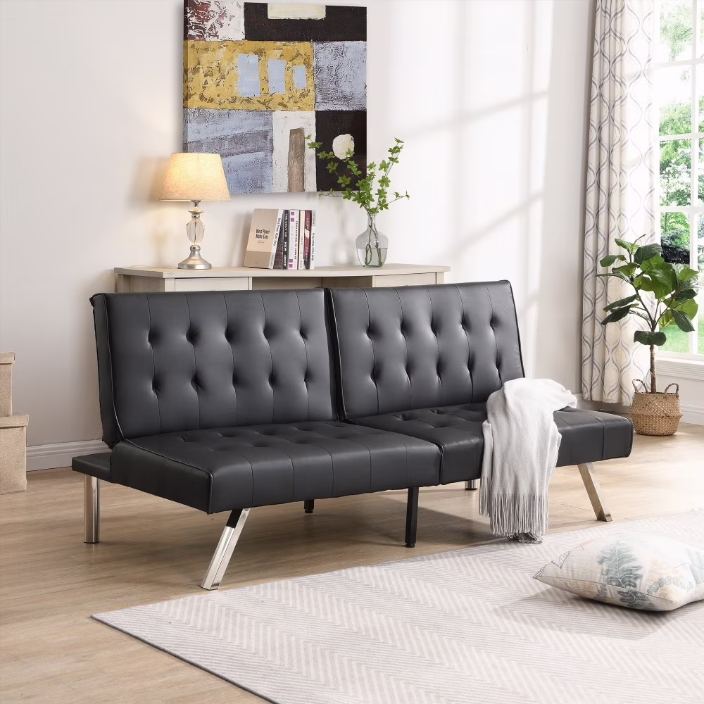 Modern Simple Fabric Futon Sofa Bed 220cm with Stainless Legs and Black PVC