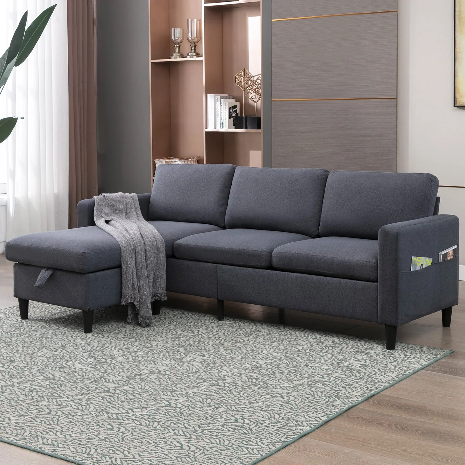 Mjkone Convertible Sectional Sofa Couch with Storage Ottoman, 86" W L-Shaped Couch for Living Room, 3-Seat Sofas with Reversible Chaise, Sectional Couches for Living Room/Office/Bedroom (Dark Gray)
