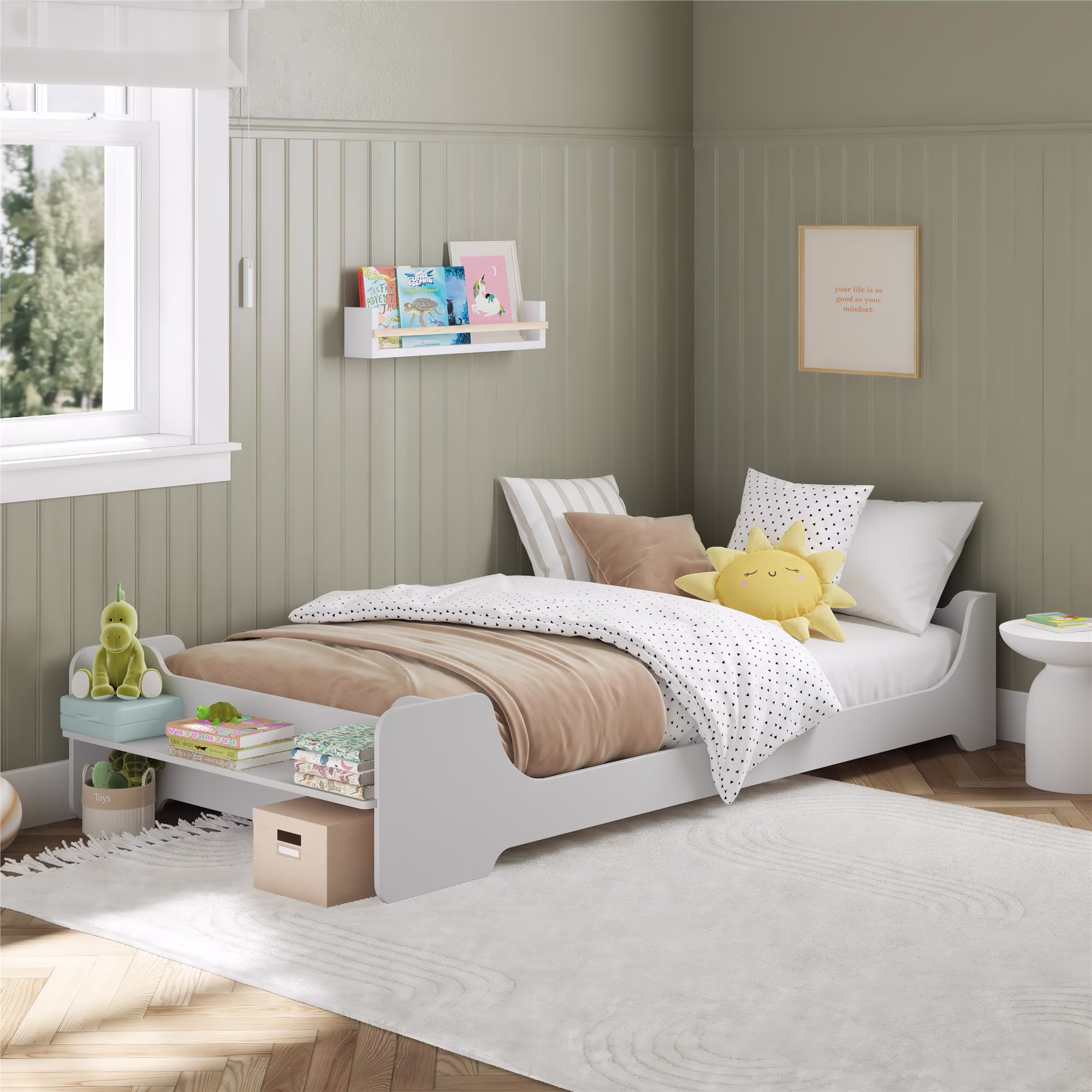 Max & Finn Murdock Montessori Floor Bed with Shelf, Twin, White