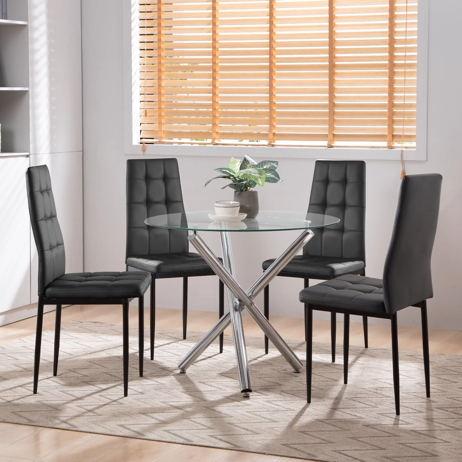 Omni House 5 Piece Round Dining Table Set, Modern Dining Room Table Set for 4,Ideal for Small Spaces Kitchen,Dinette(3 Leg Table + 4 Black Chairs)