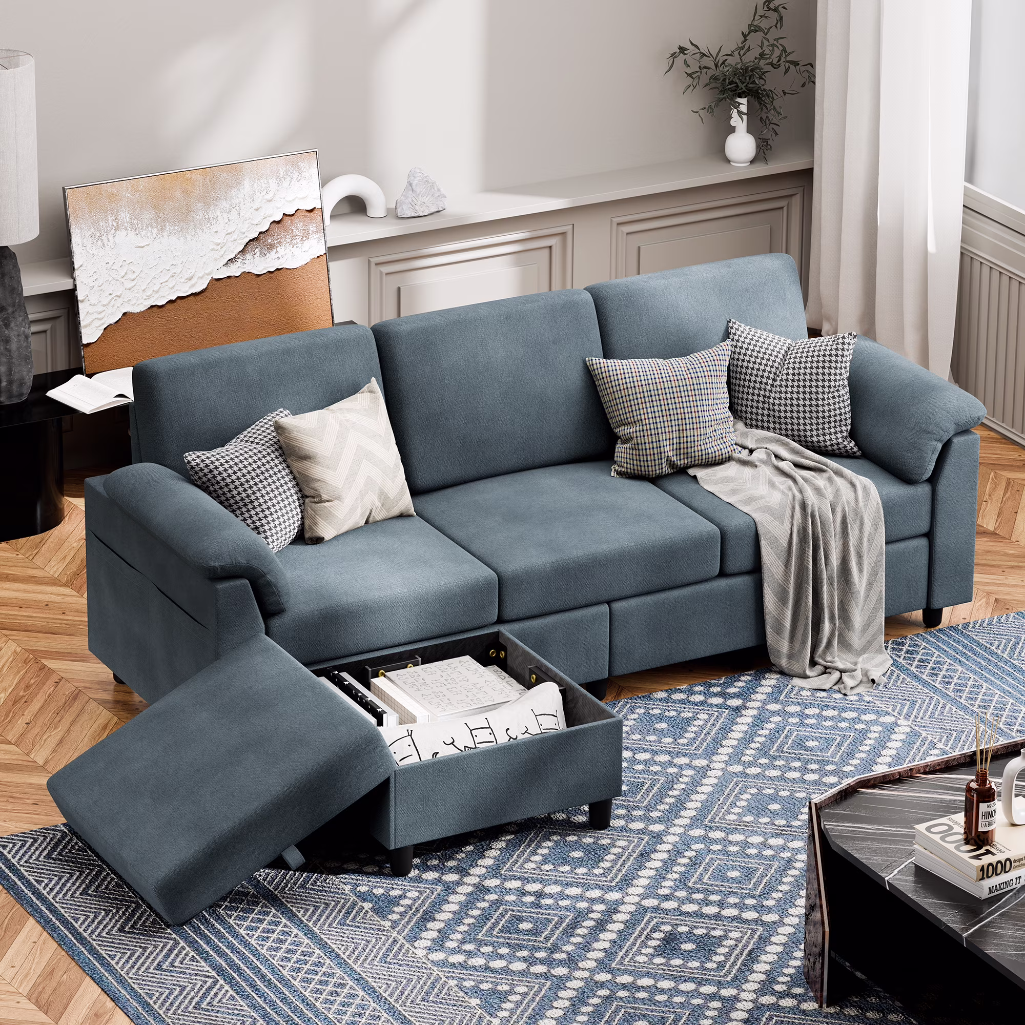 Sobaniilo 79.1" Sectional Sofa with Movable Storage Ottoman, L-Shaped Convertible Sofa Couch for Small Living Room, Dark Gray
