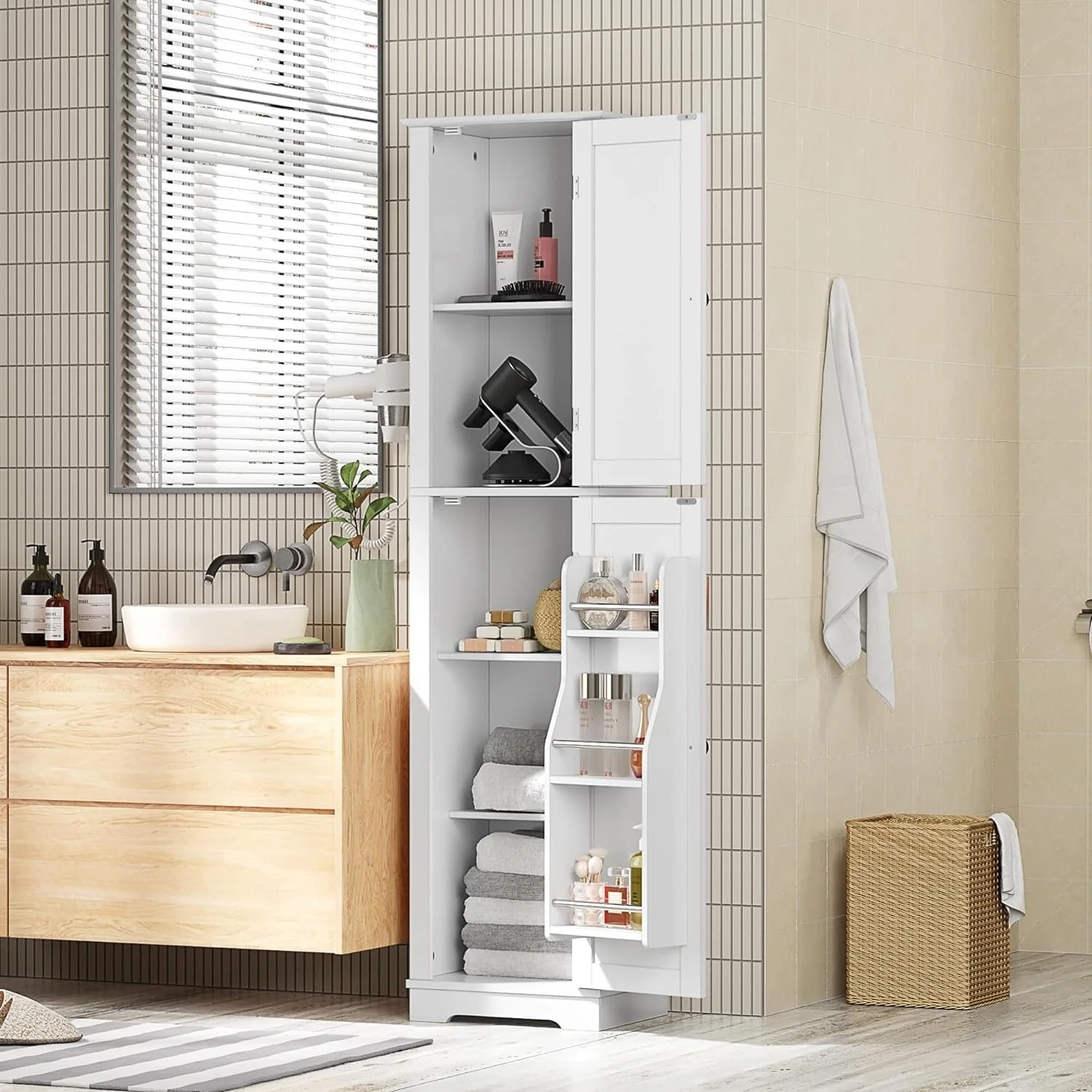 HOMEFORT Narrow Storage Cabinet, Tall Slim Freestanding Double Tier Floor Linen Cabinet with 2 Doors 5 Tier Shelves & 3-Layer Door Shelf (White)