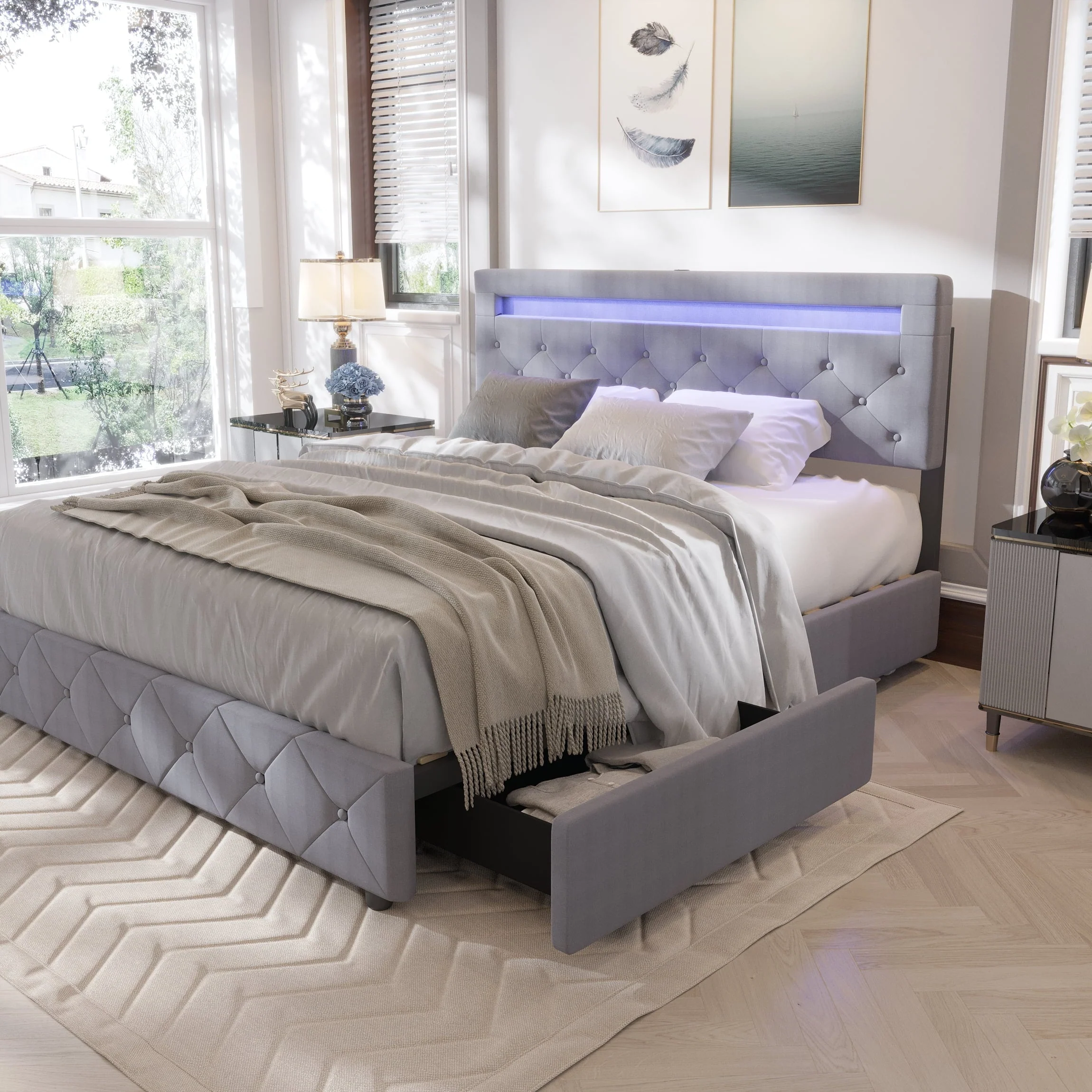 CAIDI QUEEN Size Bed Frame with LED Light Headboard, Upholstered Platform Bed with 4 Drawers, Adjustable LED Lights Headboard(Light Grey-QUEEN)