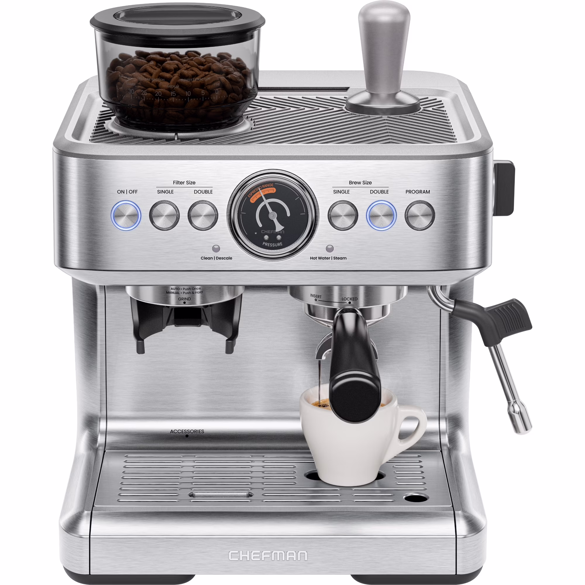 Chefman Crema Supreme Espresso Machine with Conical Burr Grinder and Steam Wand a?? Stainless Steel, New