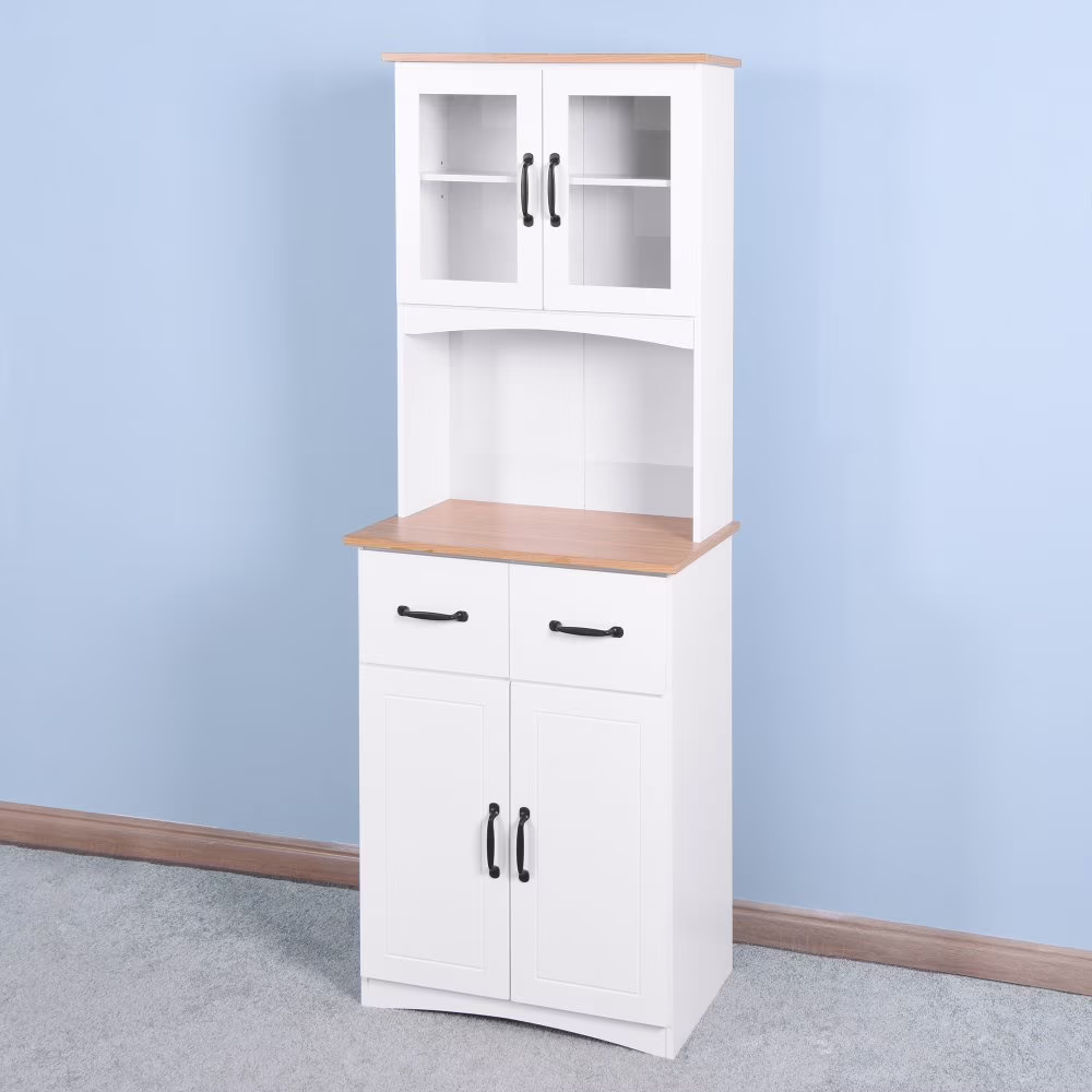 GZXS 67" Modern Buffet with Hutch, Kitchen Pantry Microwave Cabinet with Framed Glass Doors and 2 Drawers, White