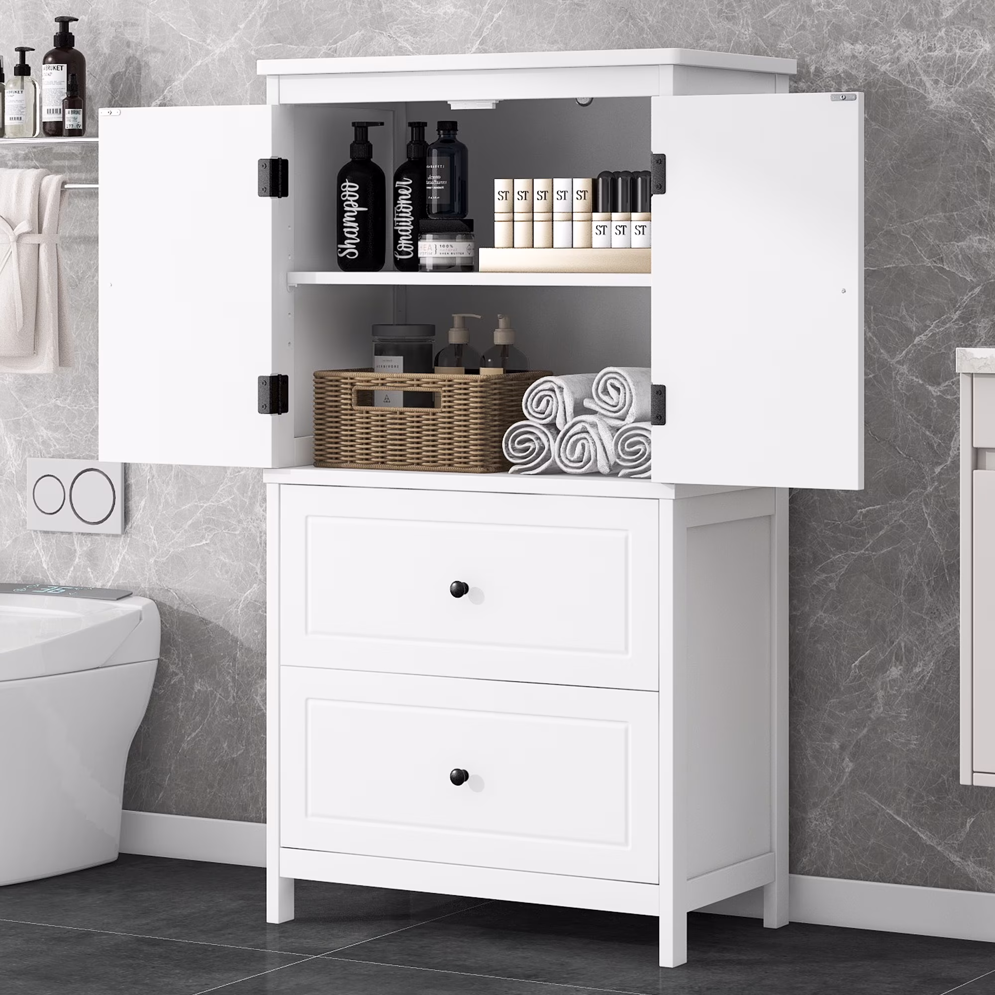 EUROCO Bathroom Floor Storage Cabinet,Bathroom Storage Unit,Freestanding Cabinet with 2 Drawers and 2 Doors,Adjustable Shelf,11.8 x 23.6 x 43.3 Inches,White