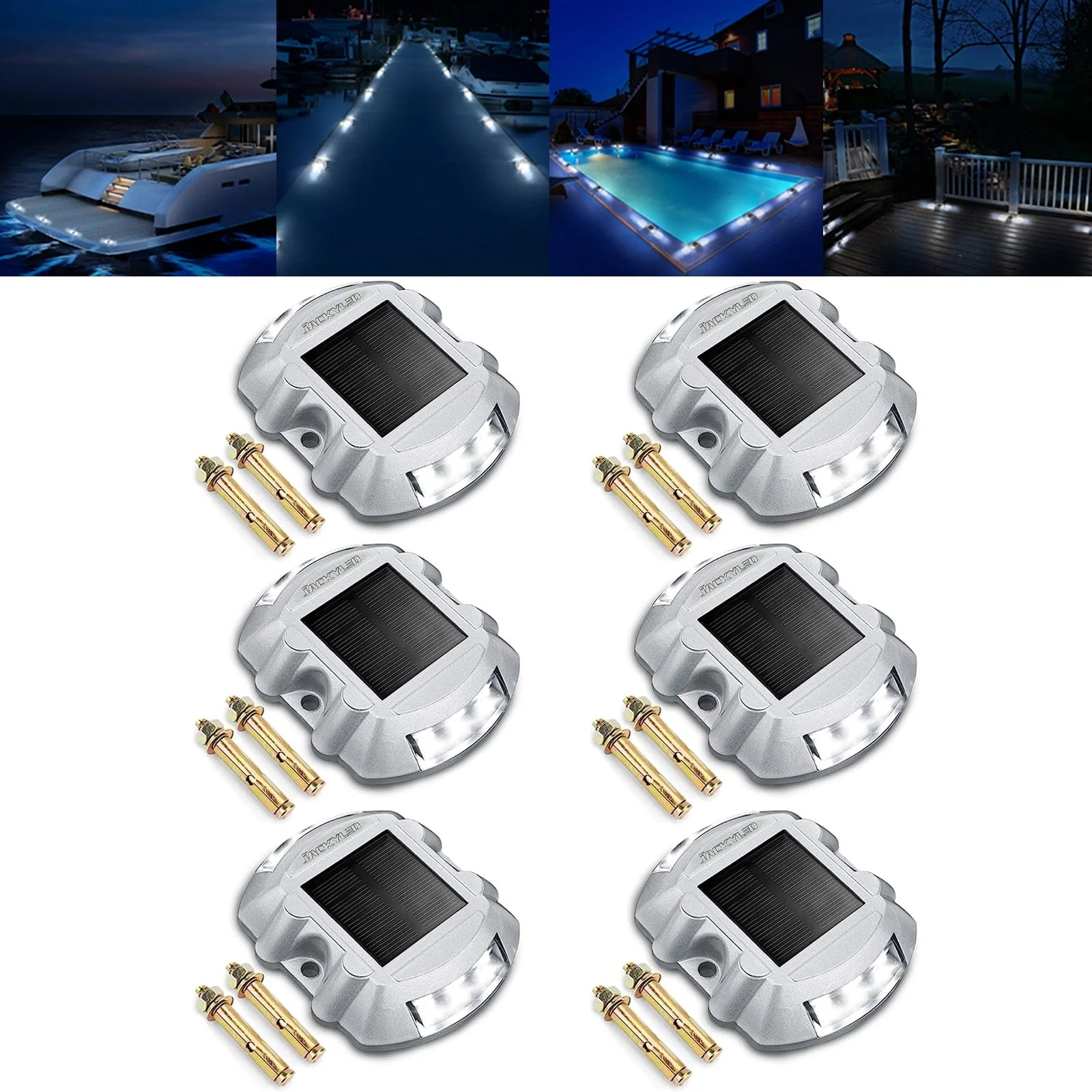 6x Outdoor Waterproof Solar Driveway Marker Lights with Switch Solar Dock Lights LED Deck Lighting Warning Road Studs for Boat Pathway Runway,‎ White