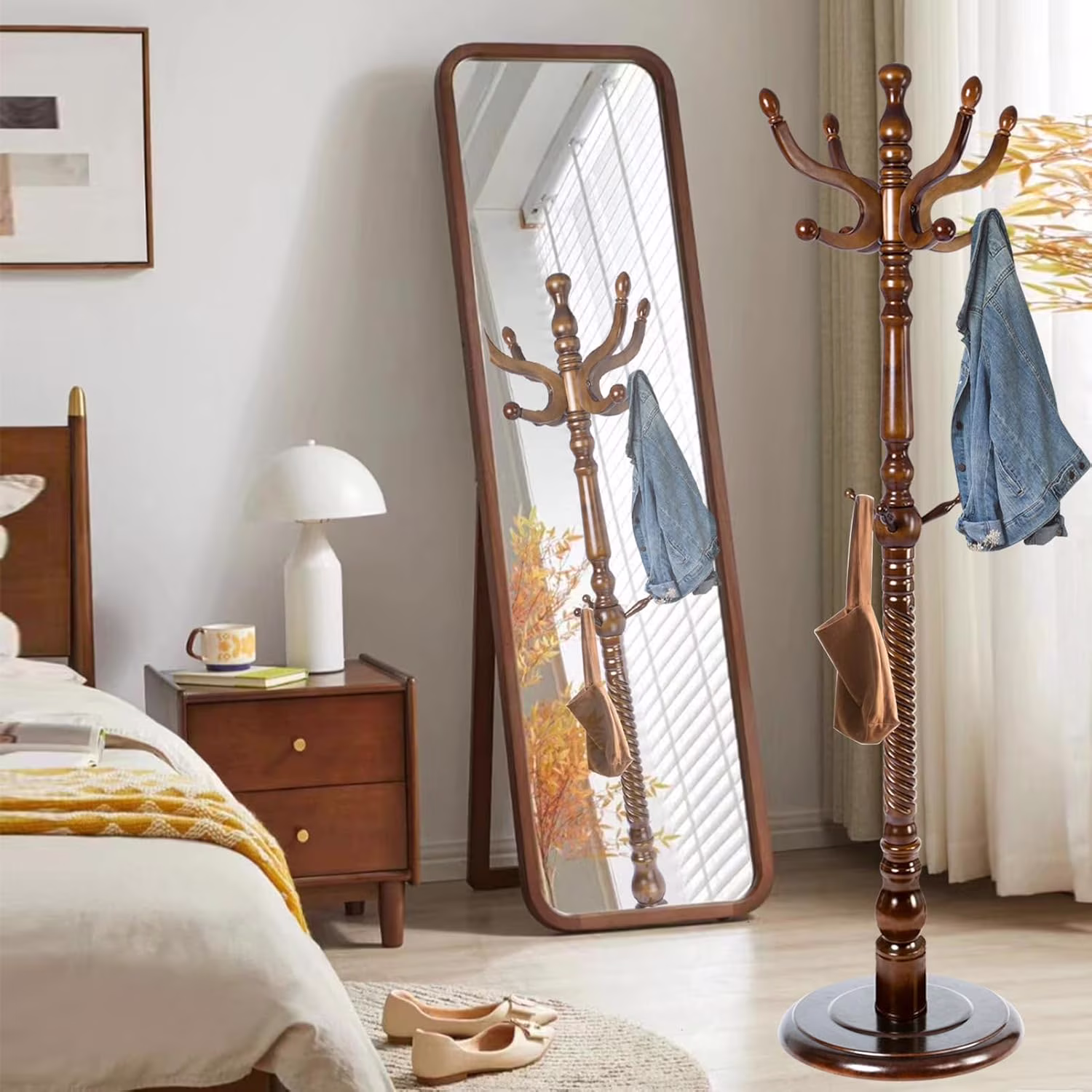 Solid Wood Coat Rack, Creative Design Coat Rack Freestanding with Stable Round Base, 70" Wooden Coat Rack Stand with 11 Hooks, Coat Tree for Home, Bedroom, Office, Hallway, Entryway (Birch)