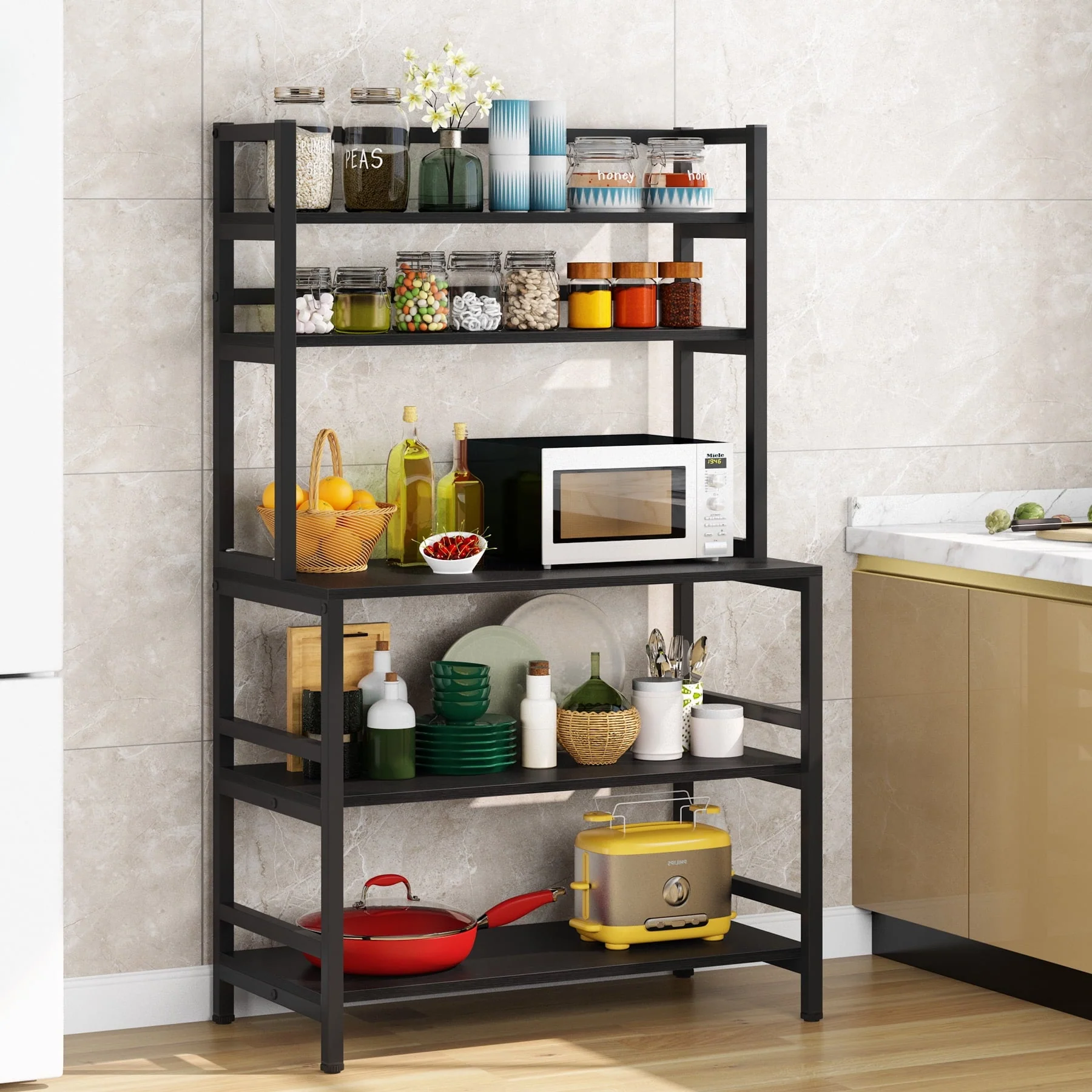 Tribesigns Kitchen Bakers Rack, Industrial 5-Tier Wood Kitchen Utility Storage Shelf Organizer, Black