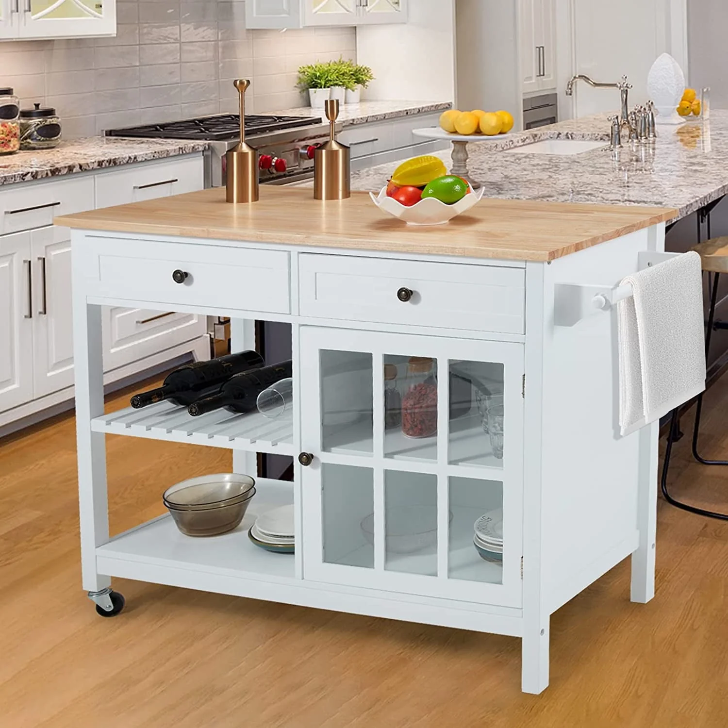 AVAWING 42" Rolling Kitchen Island with Wheels, Microwave Cabinet Trolley Cart with Drawers, White