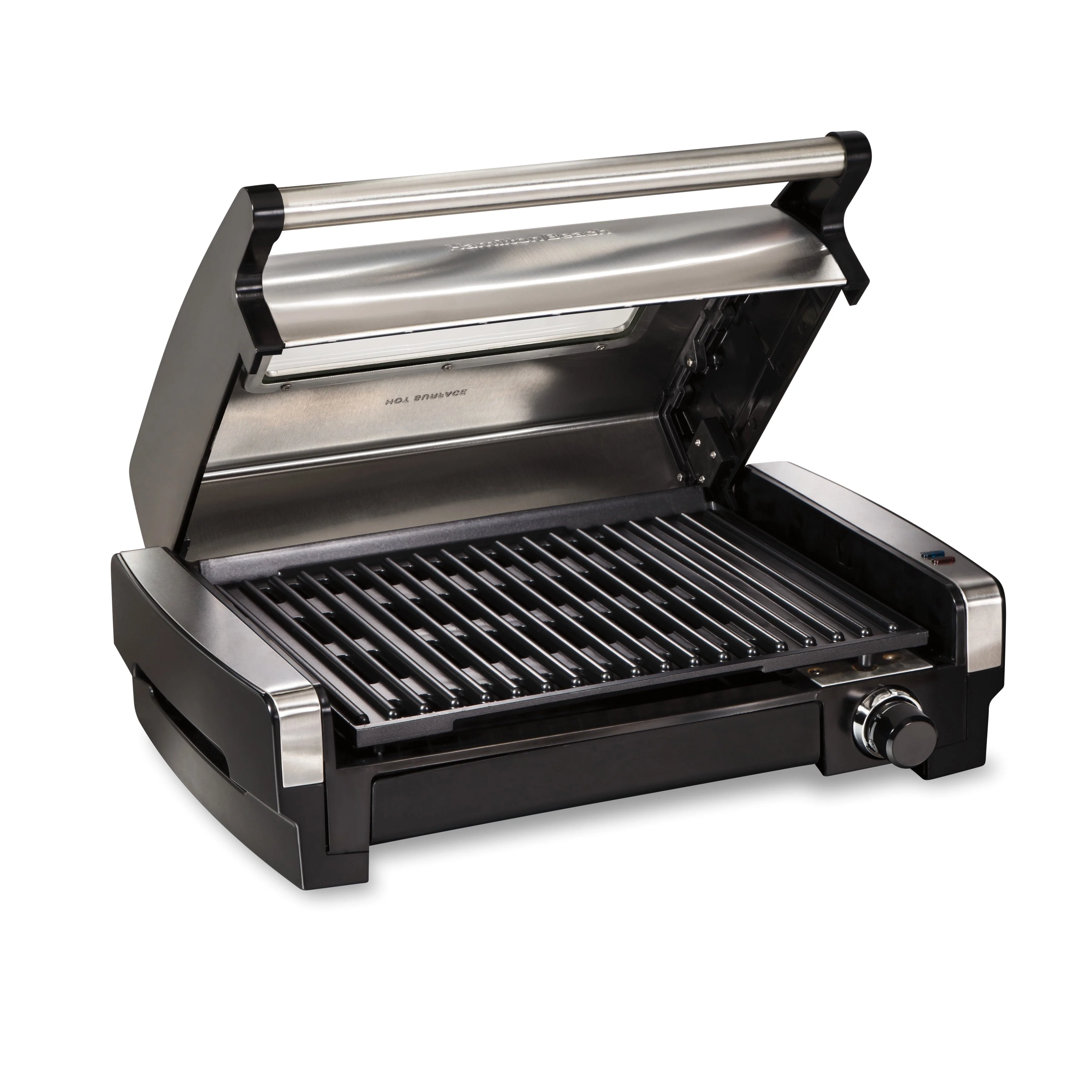 Hamilton Beach Electric Indoor Searing Grill with Viewing Window, Removable Easy to Clean Nonstick Plate, 6-Serving, Extra-Large Drip Tray, Stainless Steel, 25361