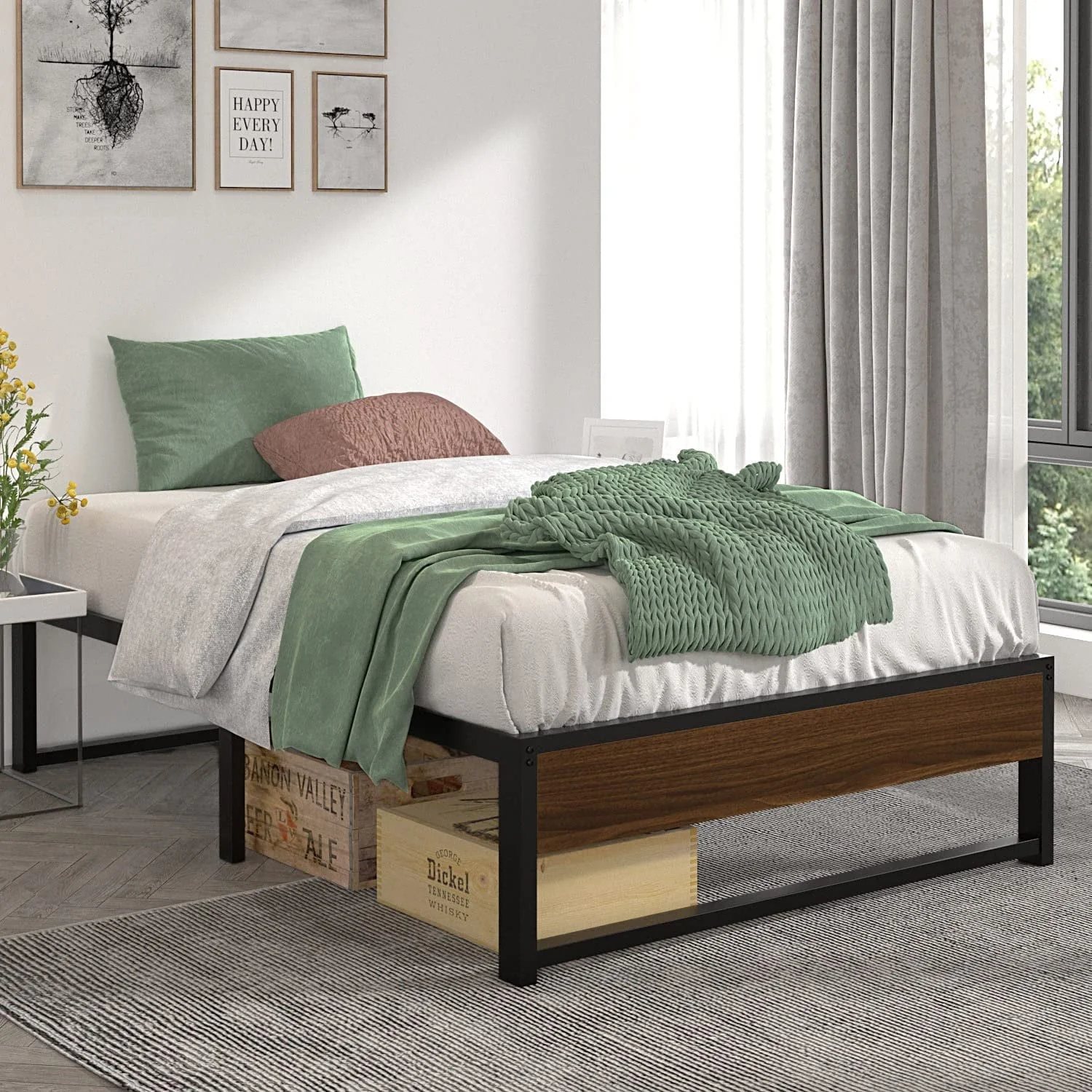 Allewie Black Twin Size 14 Inch Metal Platform Bed Frame, Non-Headboard, Mattress Foundation with Metal Slat Support