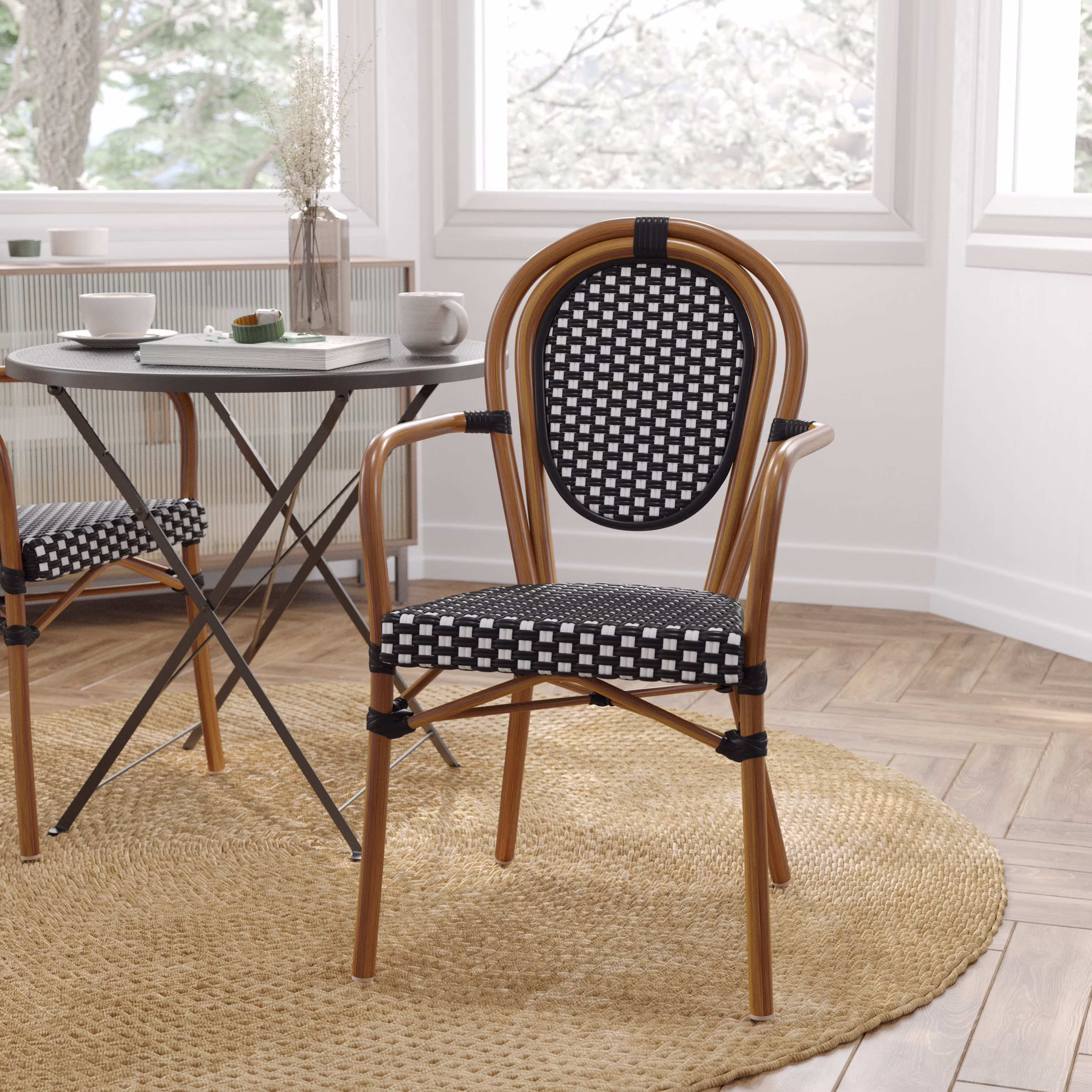 Merrick Lane Stacking Thonet French Bistro Style Chair with Arms, Black & White PE Rattan Seat, and Bamboo Finished Metal Frame for Indoor/Outdoor Use