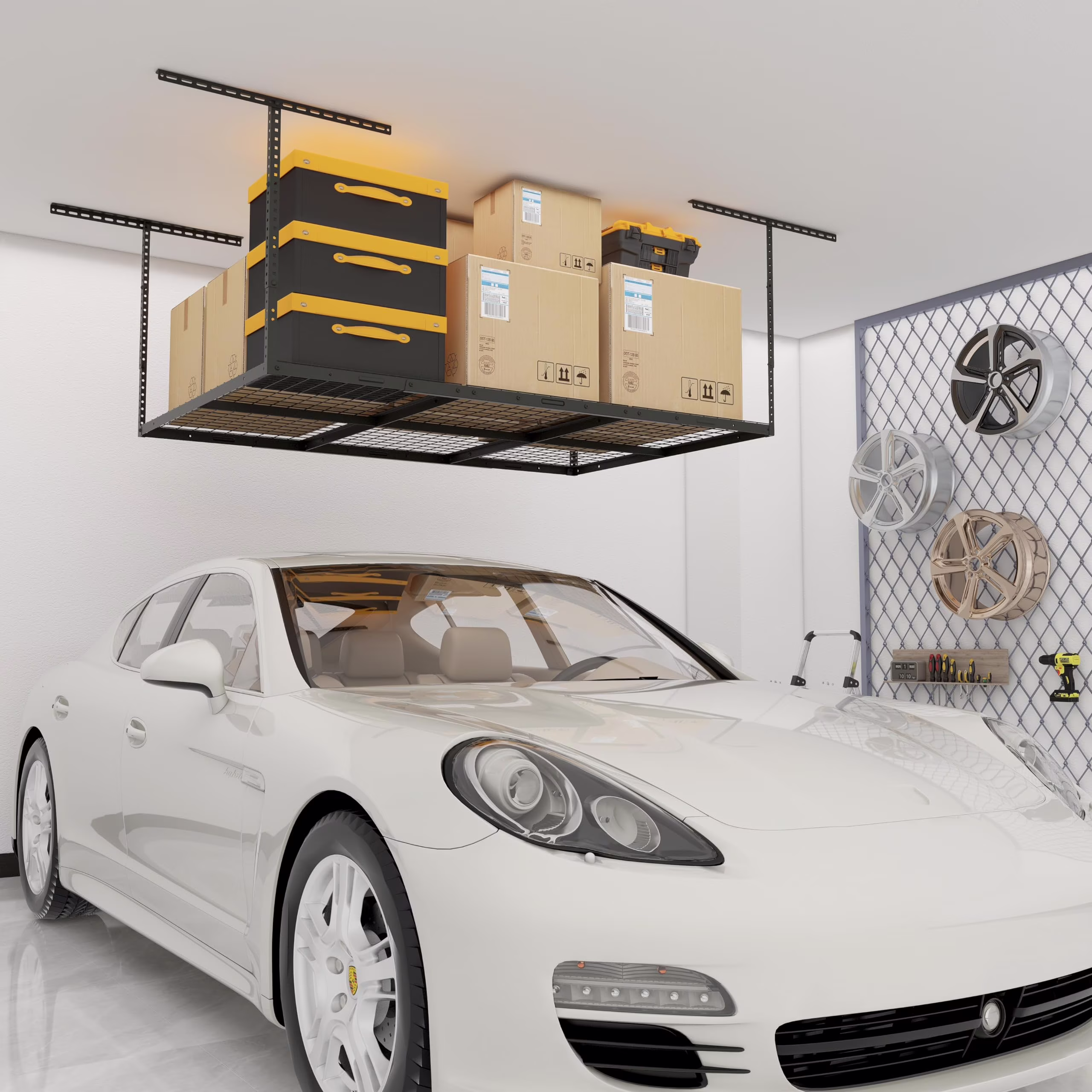 4x6ft Overhead Garage Storage Rack, Heavy Duty Metal Ceiling Shelf, 22'' to 40" Adjustable Dropdown, 450lbs Loading Weight Capacity, Black