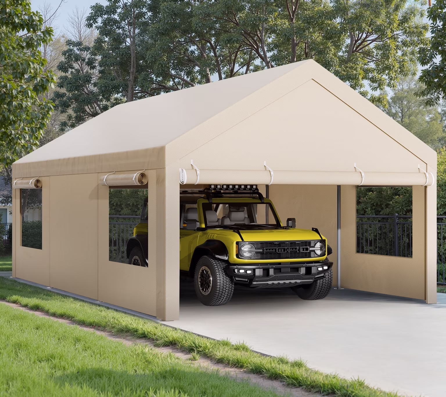 Walsunny 12x20 ft Carport with 4 Sandbags Heavy Duty Canopy with Roll-up Windows Portable Garage with Removable Sidewalls & Doors Car Canopy Khaki