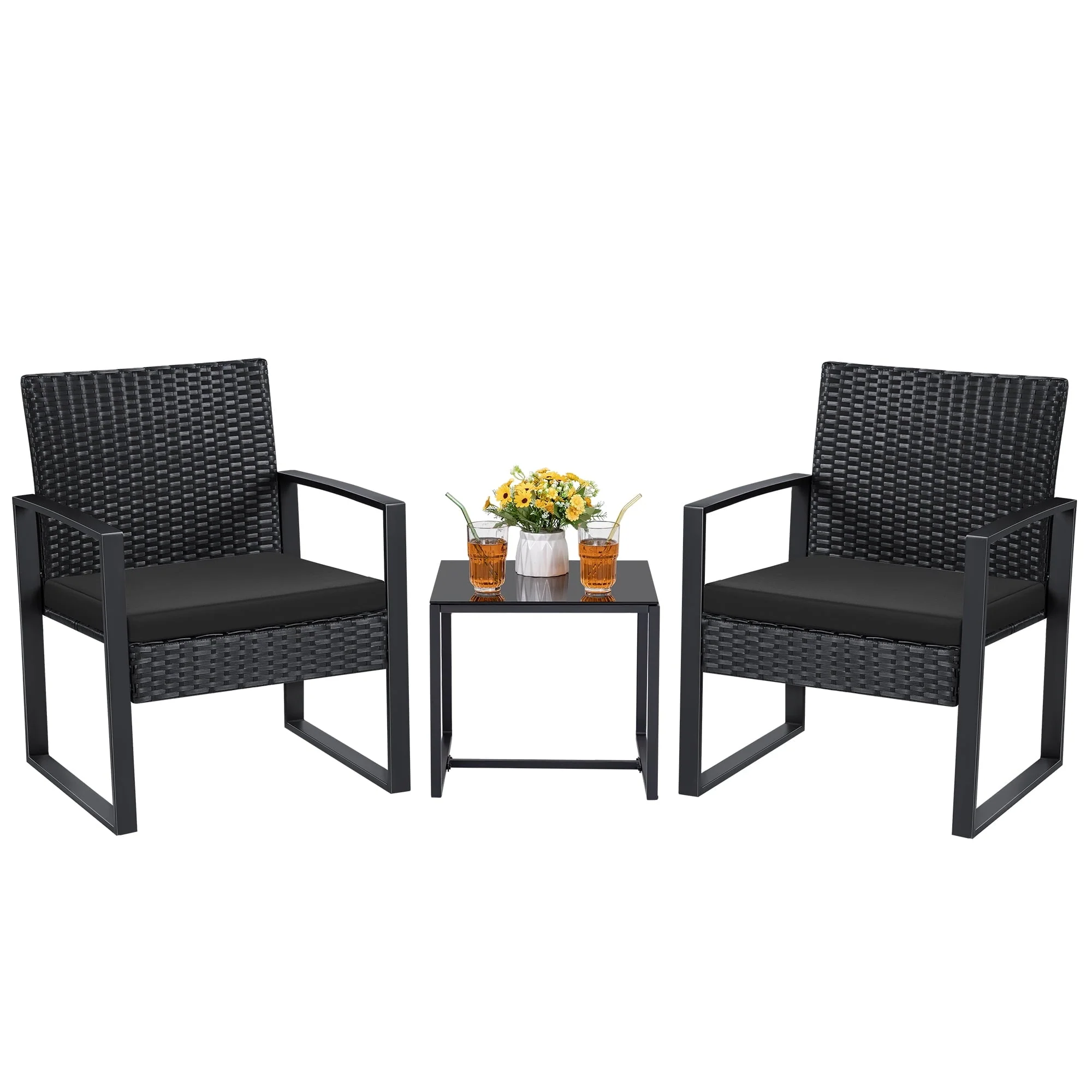 Lacoo 3 Pieces Patio Conversation Set PE Rattan Bistro Chairs Set of 2 with Coffee Table, Black