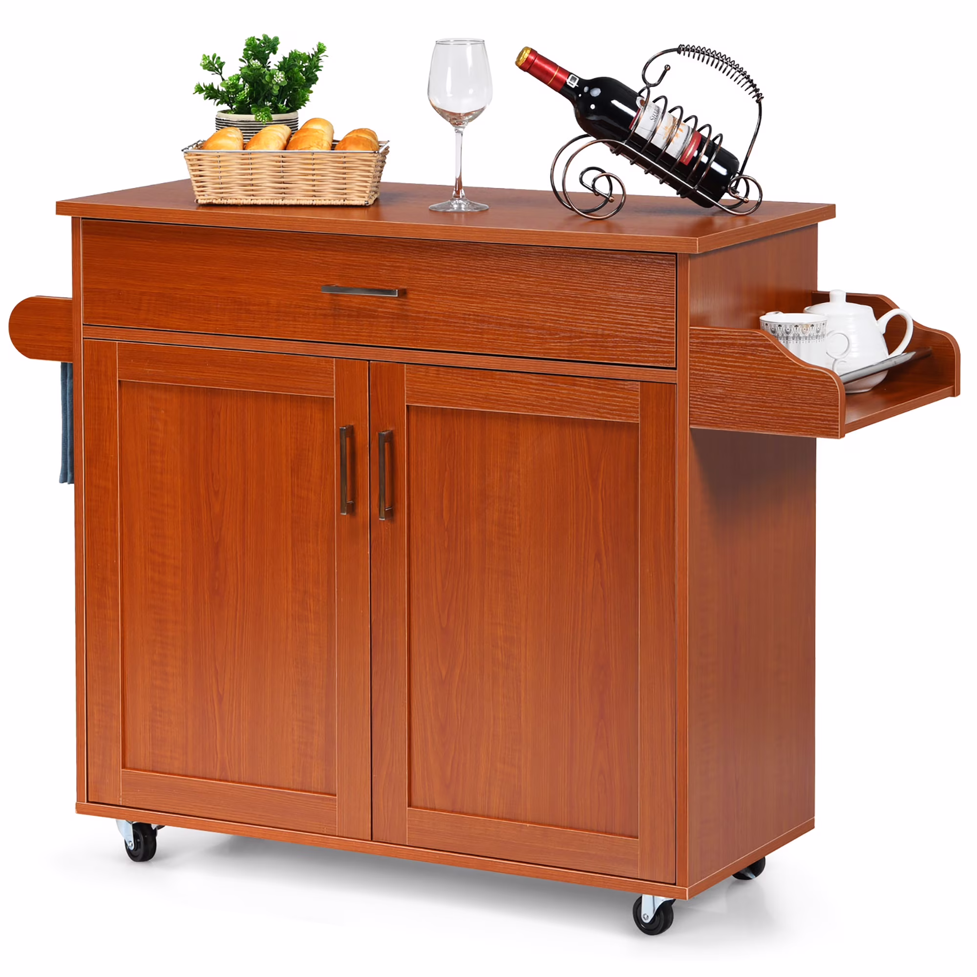 Costway Rolling Kitchen Island Cart Storage Cabinet w/ Towel & Spice Rack Cherry