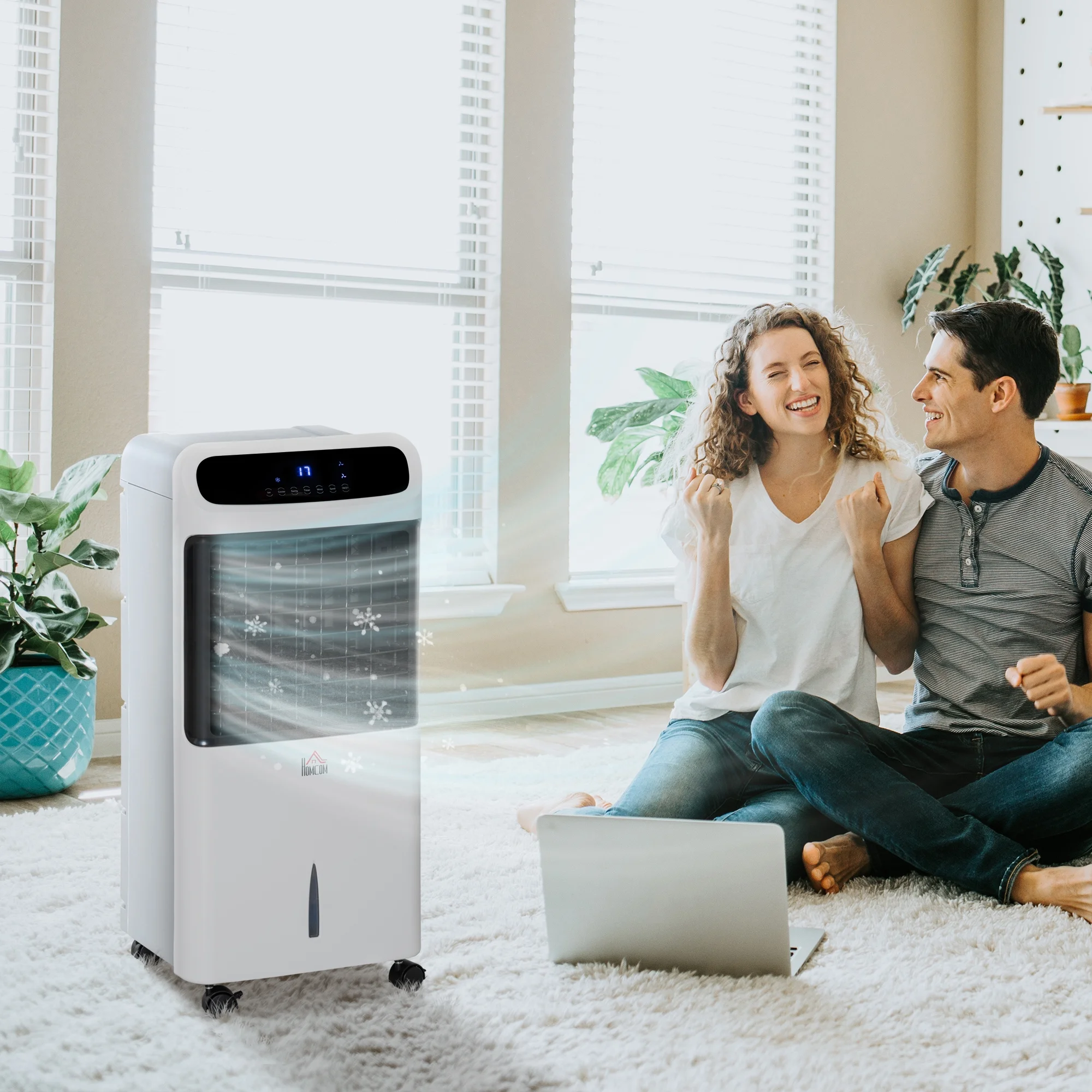 HOMCOM 32" Evaporative Air Cooler with 3.2 Gal Water Tank, 60?�� Oscillating, 3-In-1 Ice Cooling Fan, Portable Swamp Cooler with Humidifier for Home Office, 3 Modes, 3 Speeds, 12H Timer, Remote, White