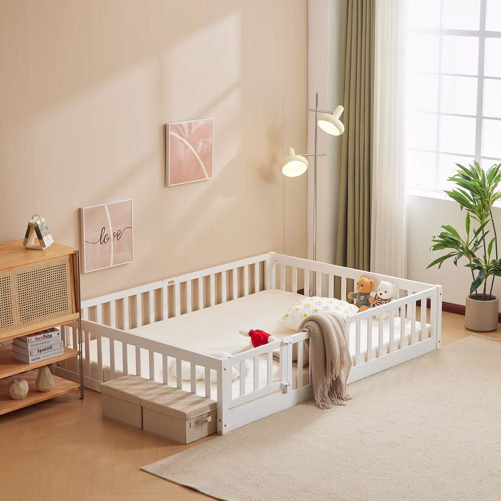 Zimtown Montessori Floor Bed Frame, Full Size Kids Toddler Bed with Fence and Door, Wooden Platform Bed, White