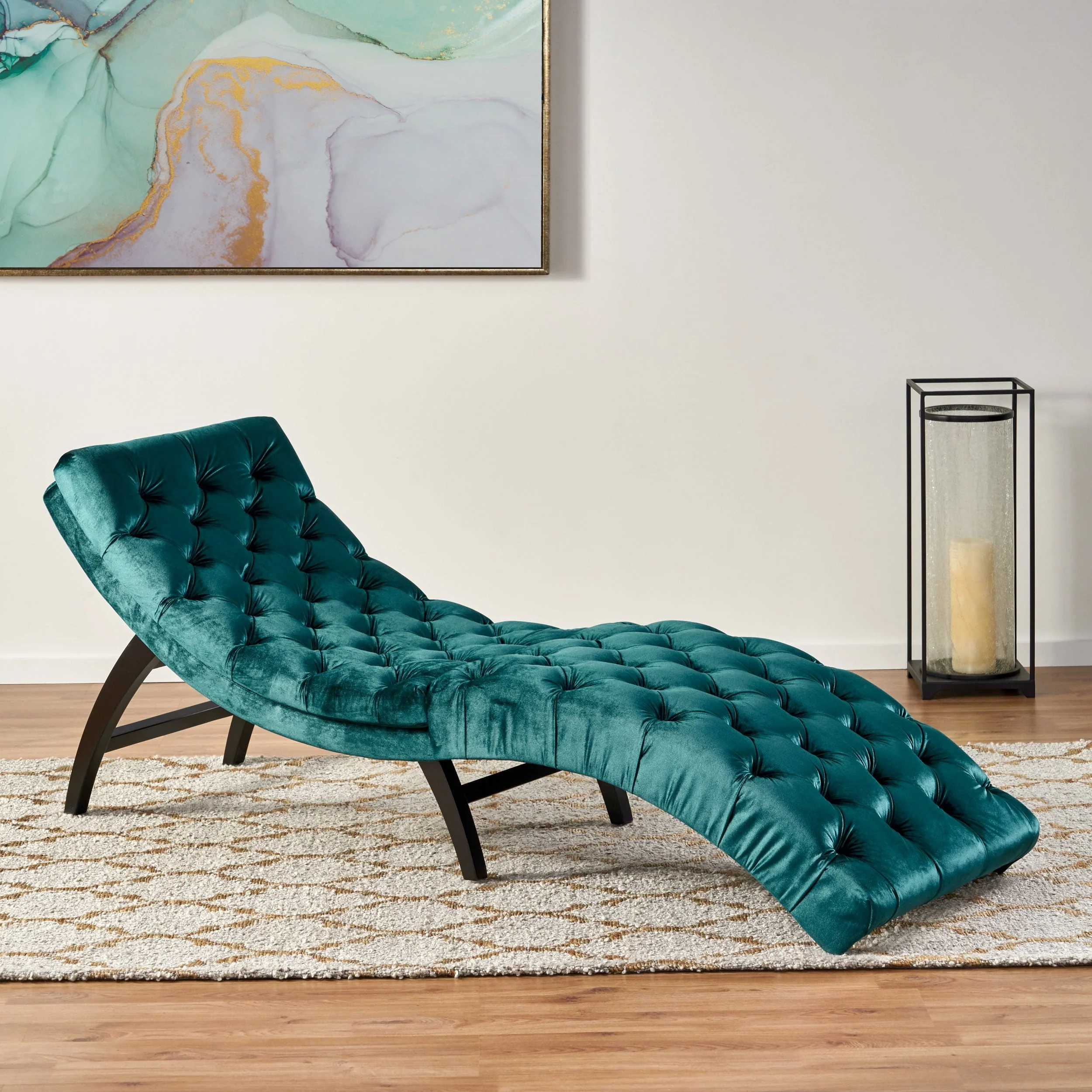 Noble House Wade Indoor Velvet Button Tufted Chaise Lounge, Teal, Dark Brown