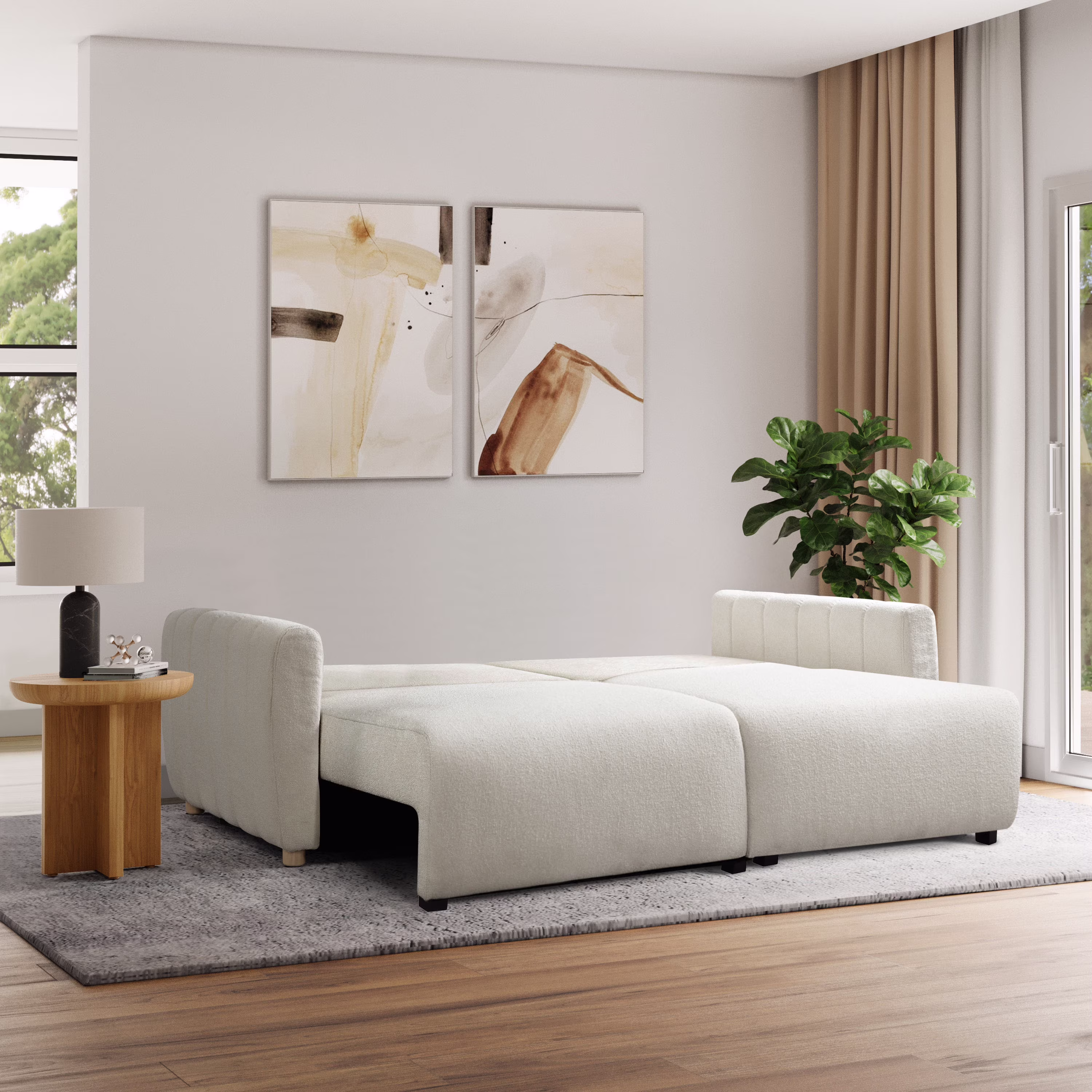 Serta Grant Scandinavian Convertible Sofa with Queen Size Sleeper, Ivory Boucle Fabric