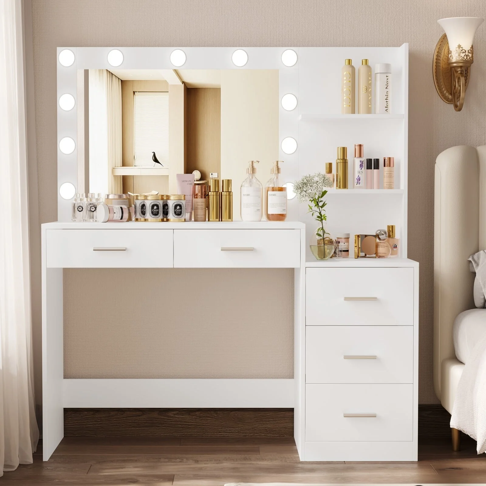 Rovaurx 46.7" Makeup Vanity Table with Lights and Mirror, 5 Drawers, Modern Dressing Desk, White