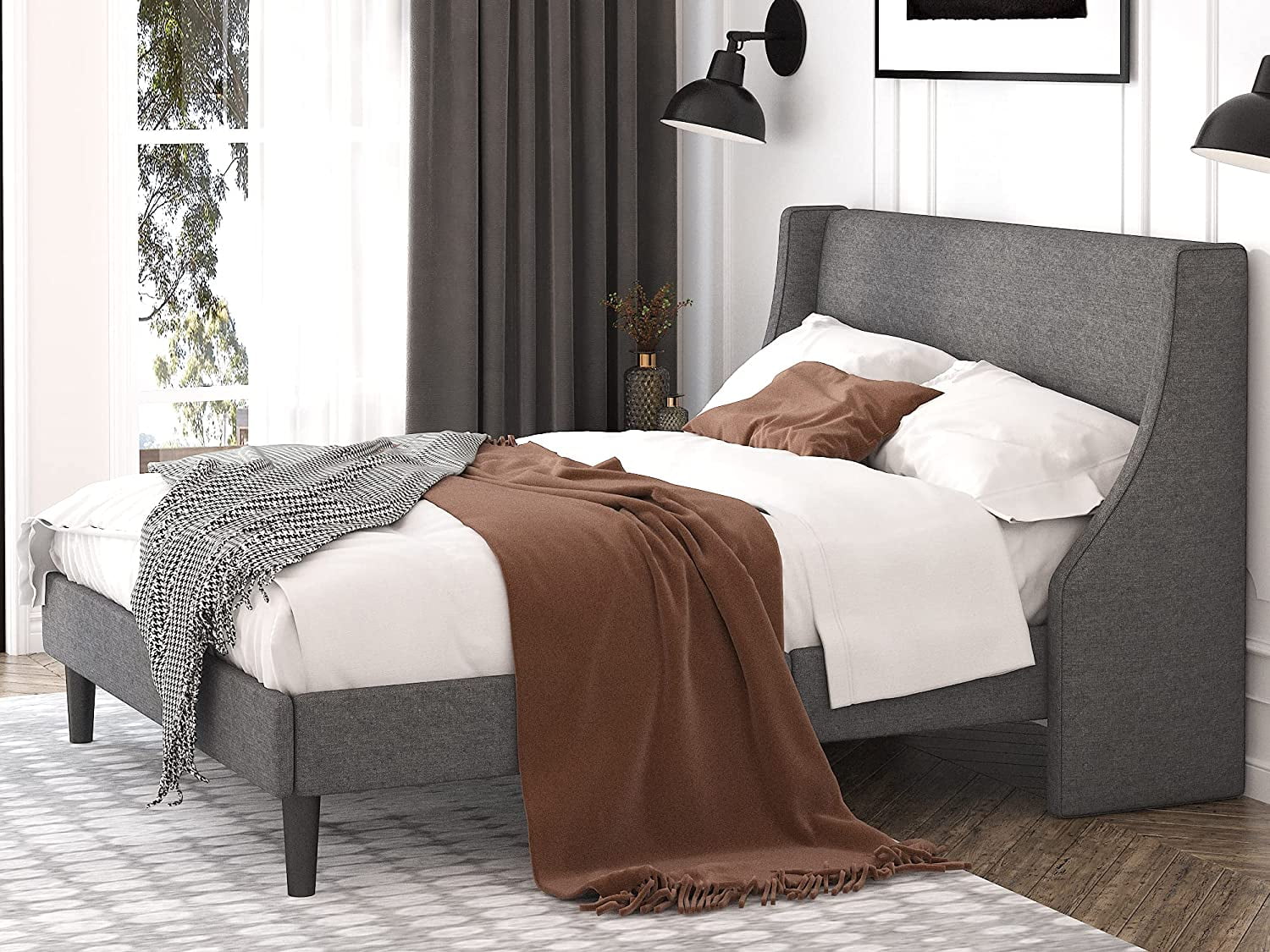 Einfach Queen Size Platform Bed Frame with Upholstered Wingback Headboard, Light Grey