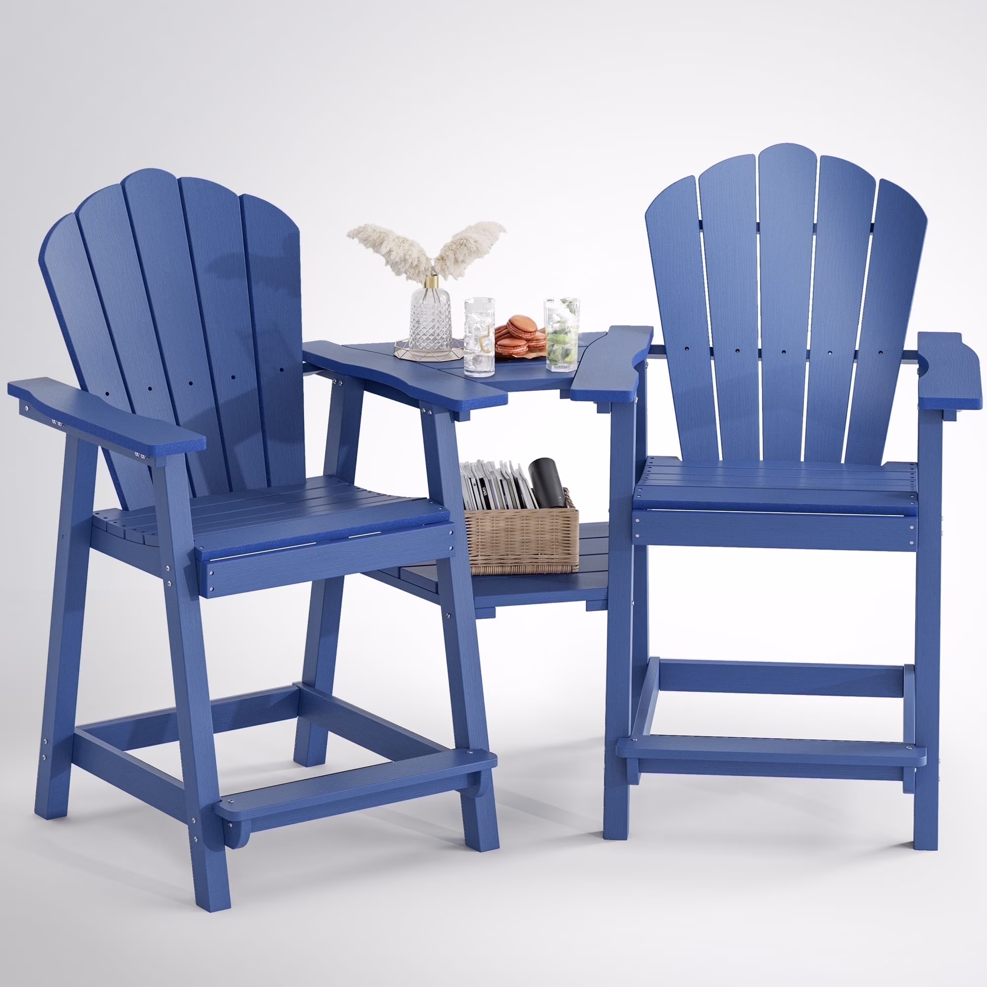 Buballino Bar Height Wooden Patio Set and Double Layer Connecting Tray - Set of 2, Navy Blue