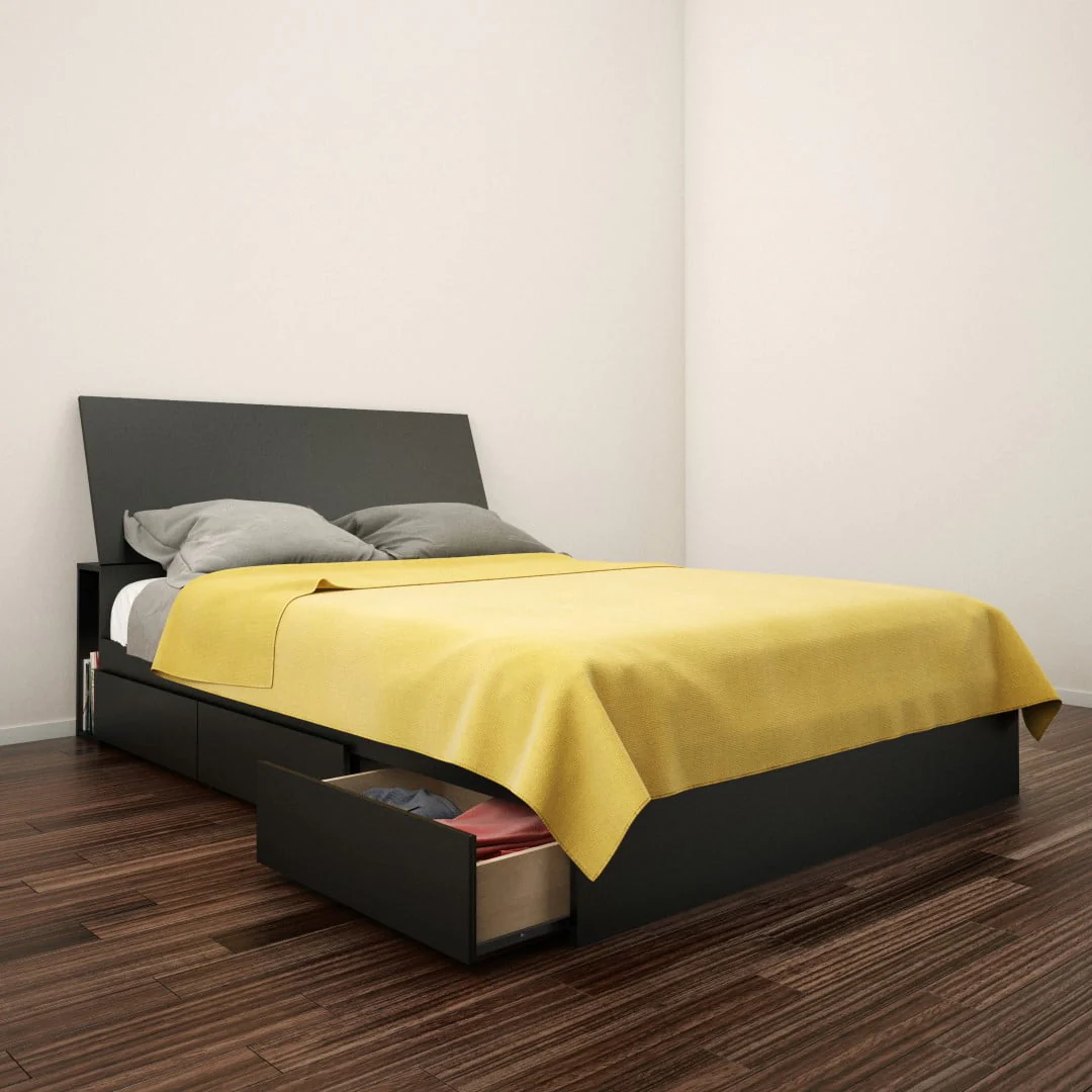 Nexera Corbo Storage Bed with Lateral Storage Headboard, Black