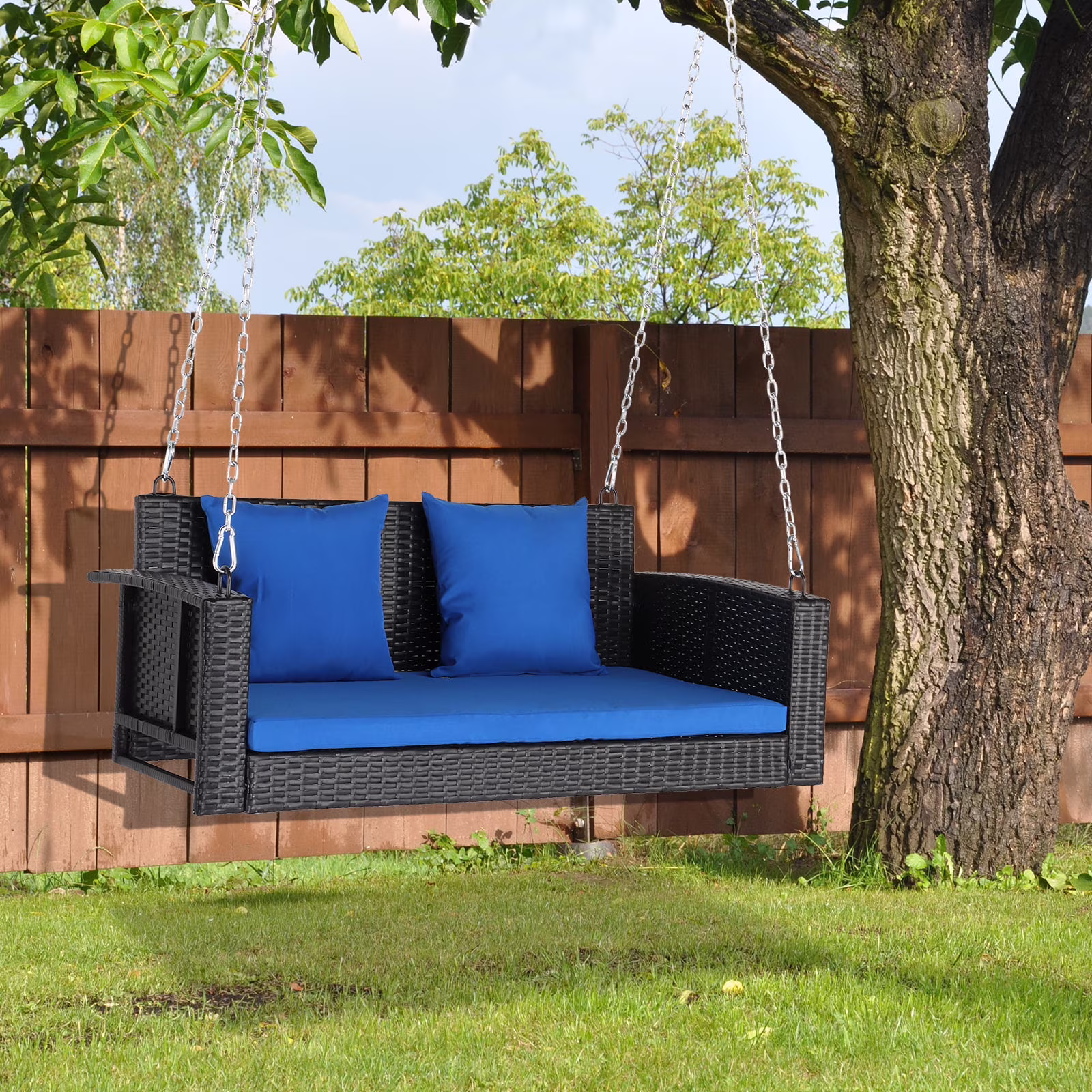 SamyoHome Garden Swing Rattan Wicker  Hanging Swing Bench w/ Blue Cushion
