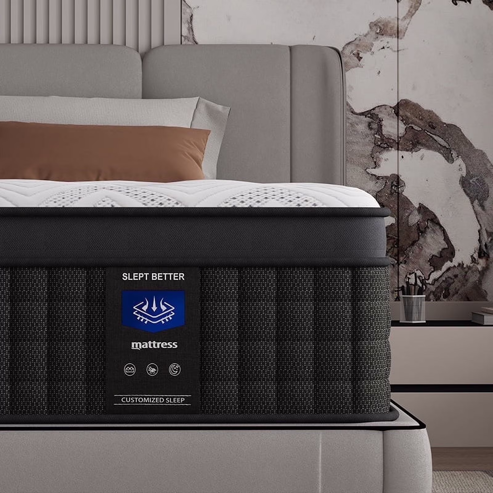 MRH King 12 inch Euro Top Hybrid Mattress in a Box �C Memory Foam, Individually Pocket Springs, Medium Firm, Strong Edge Support, White with Black Rim