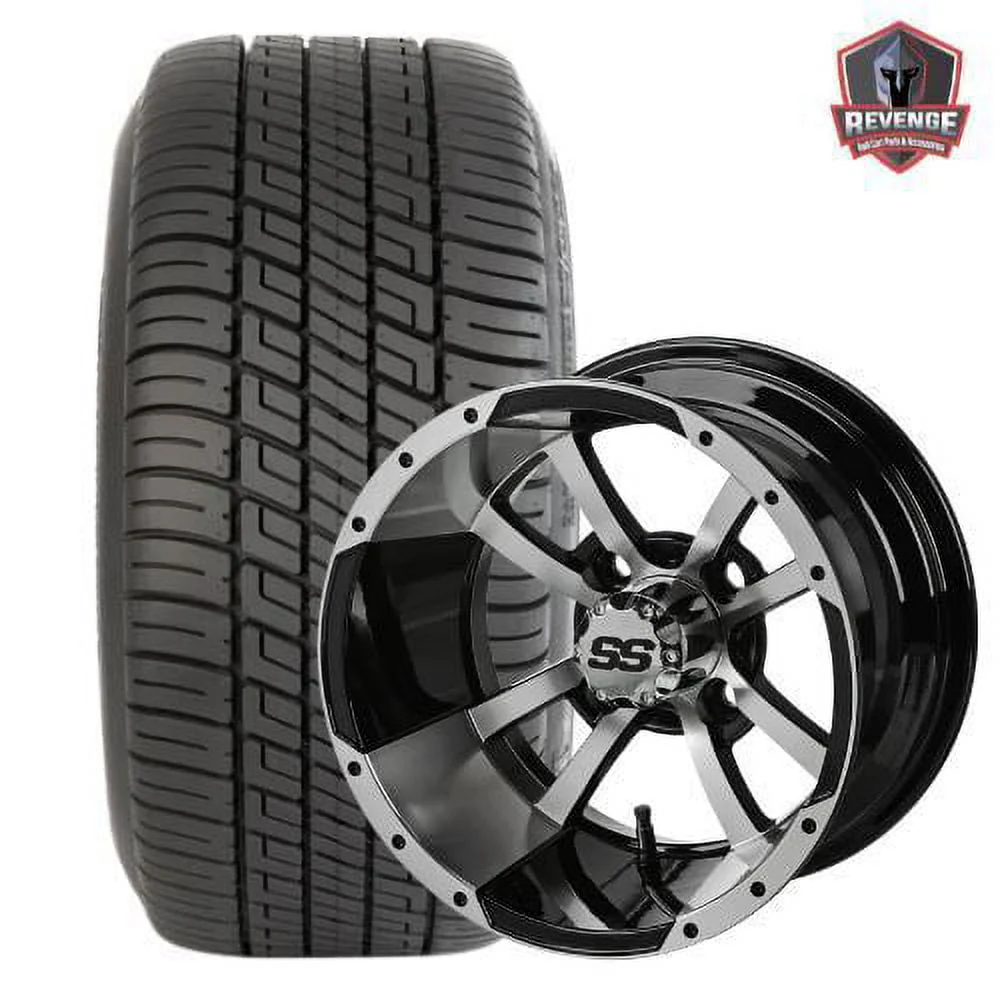 12" Maltese Machined Black Golf Cart Wheels and Tires Combo (205/30-12) Set of 4