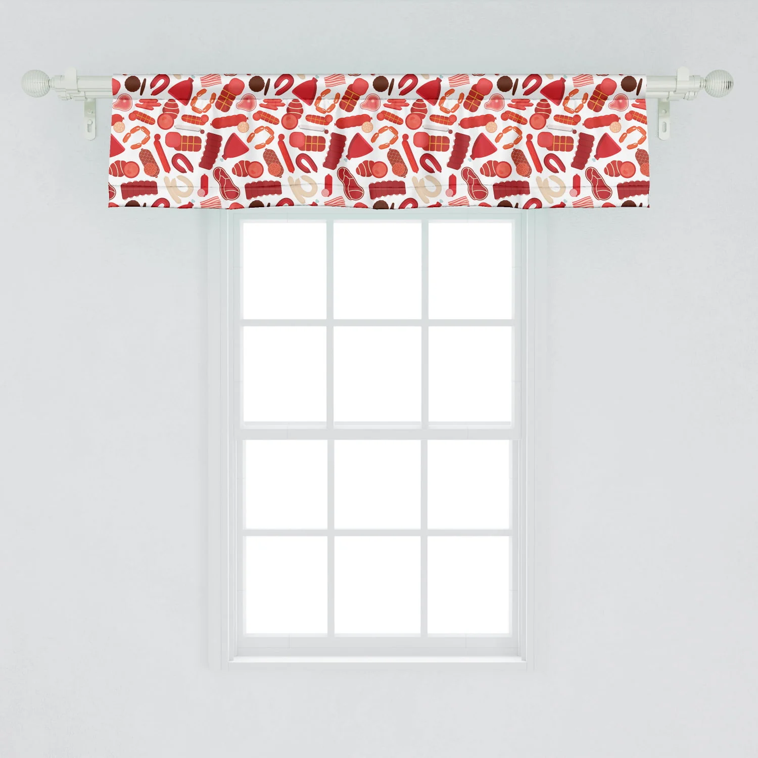 Ambesonne Bacon Window Valance, Appetizing Yummy Farm Meat and Sausages Pattern with Beef Steaks Pork Ribs and Ham, Curtain Valance for Kitchen Bedroom Decor with Rod Pocket, 54" X 12", Multicolor