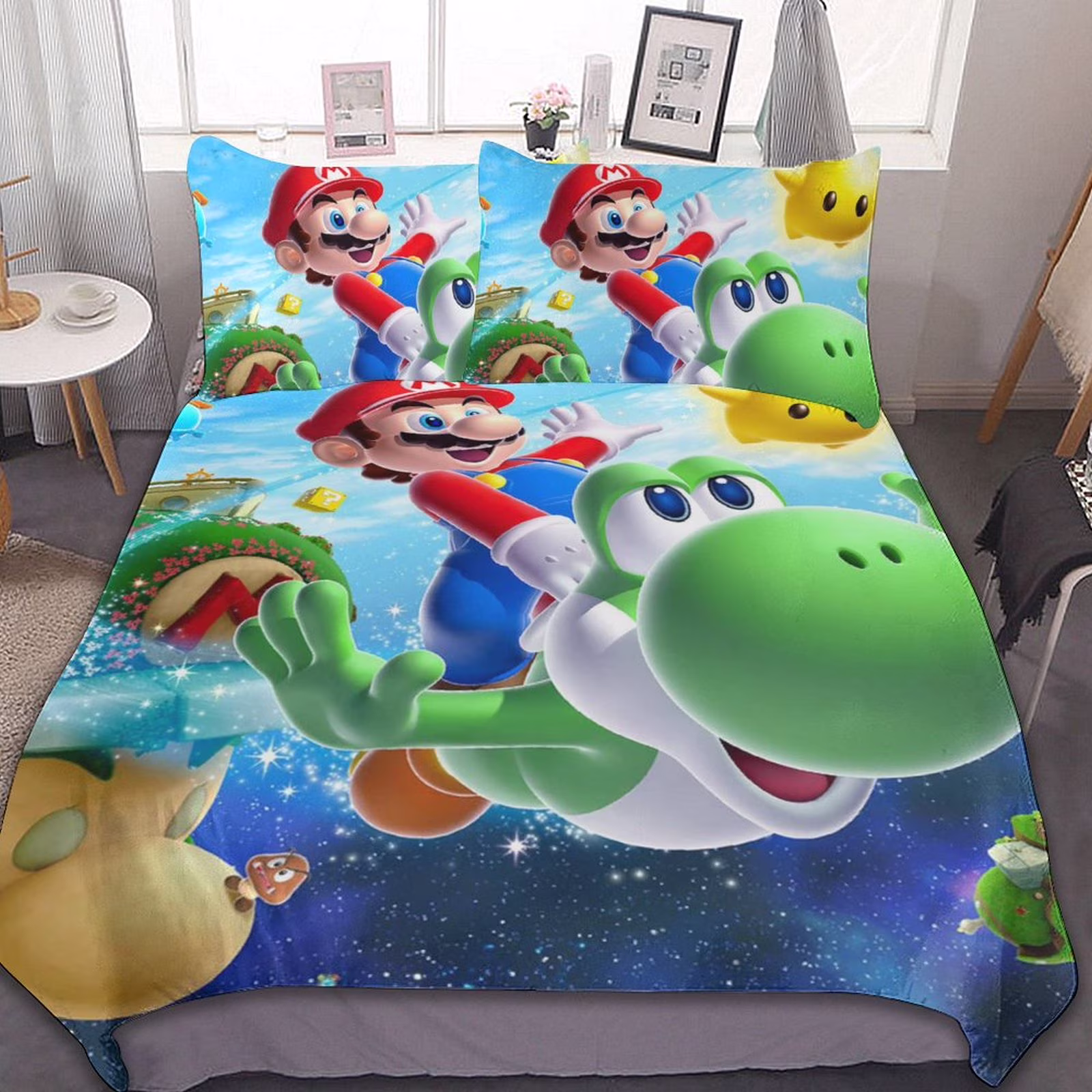 Super Mario Galaxy 3 Piece Bedding Sets Decor Comforter Sets With One Duvet Cover Two Pillow Shams
