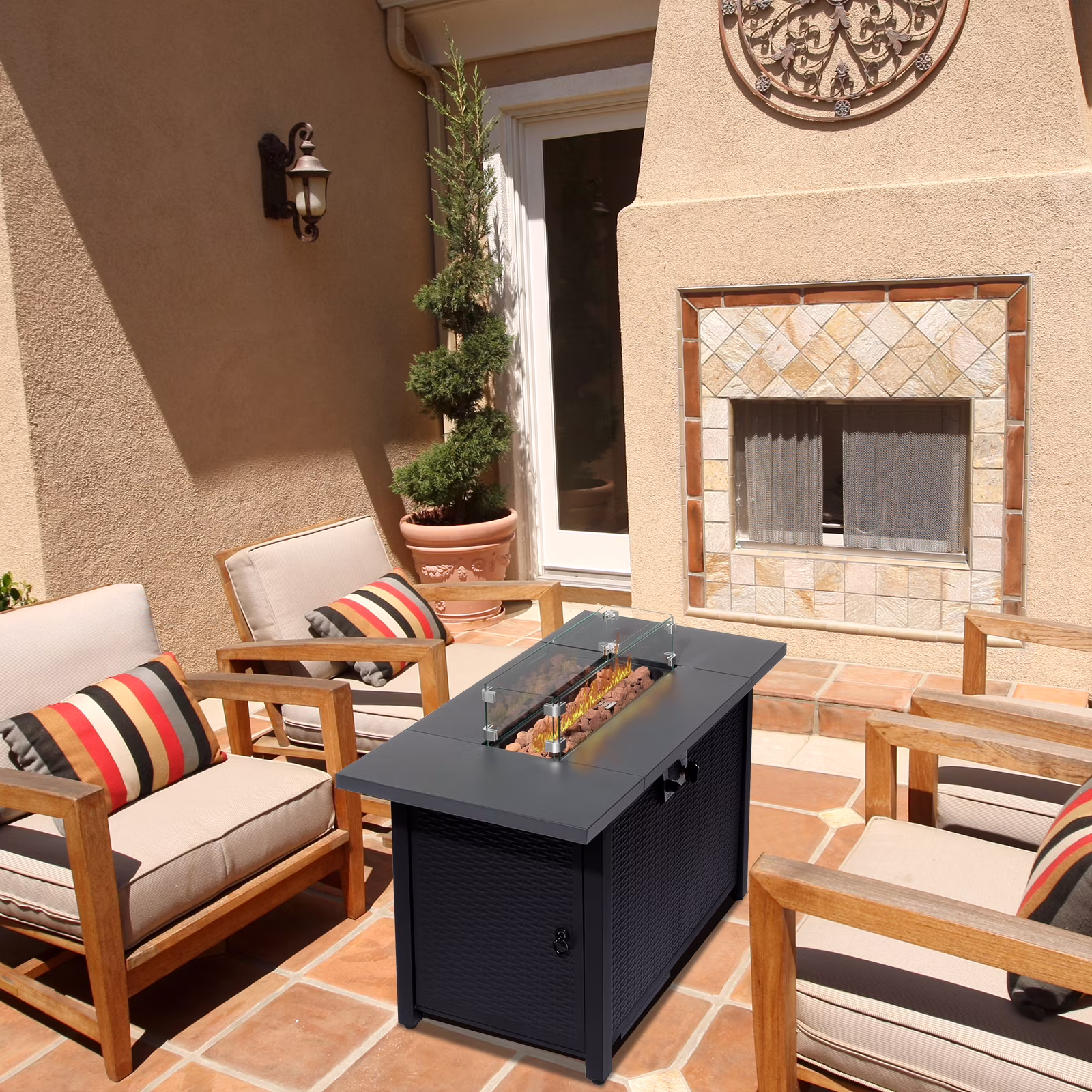 UBesGoo 43" Patio Gas Fire Pit Table, 50,000 BTU Auto-Ignition Fire Tables with Lid, Rain Cover for Outside Garden Backyard Deck Patio Black