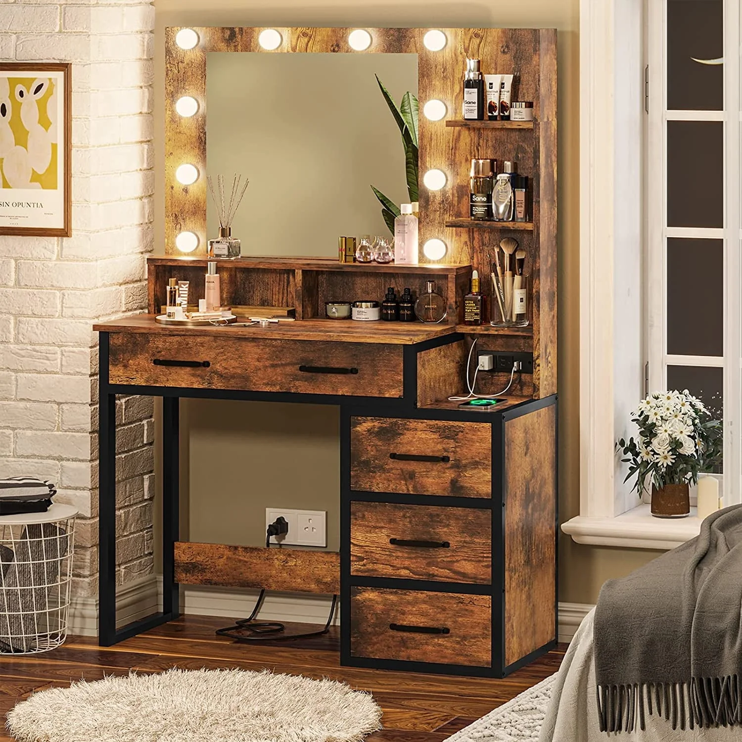 Rustic Vanity Desk Makeup Dresser Desk Table with Lighted Mirror & Charging Station & 5 Drawers, 10 LED Light, Brown & Black