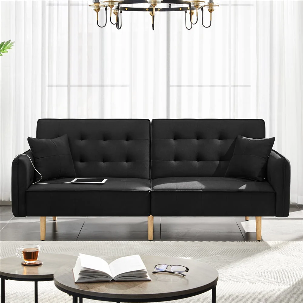 Alden Design Memory Foam Convertible Futon Sofa Bed with USB, Black