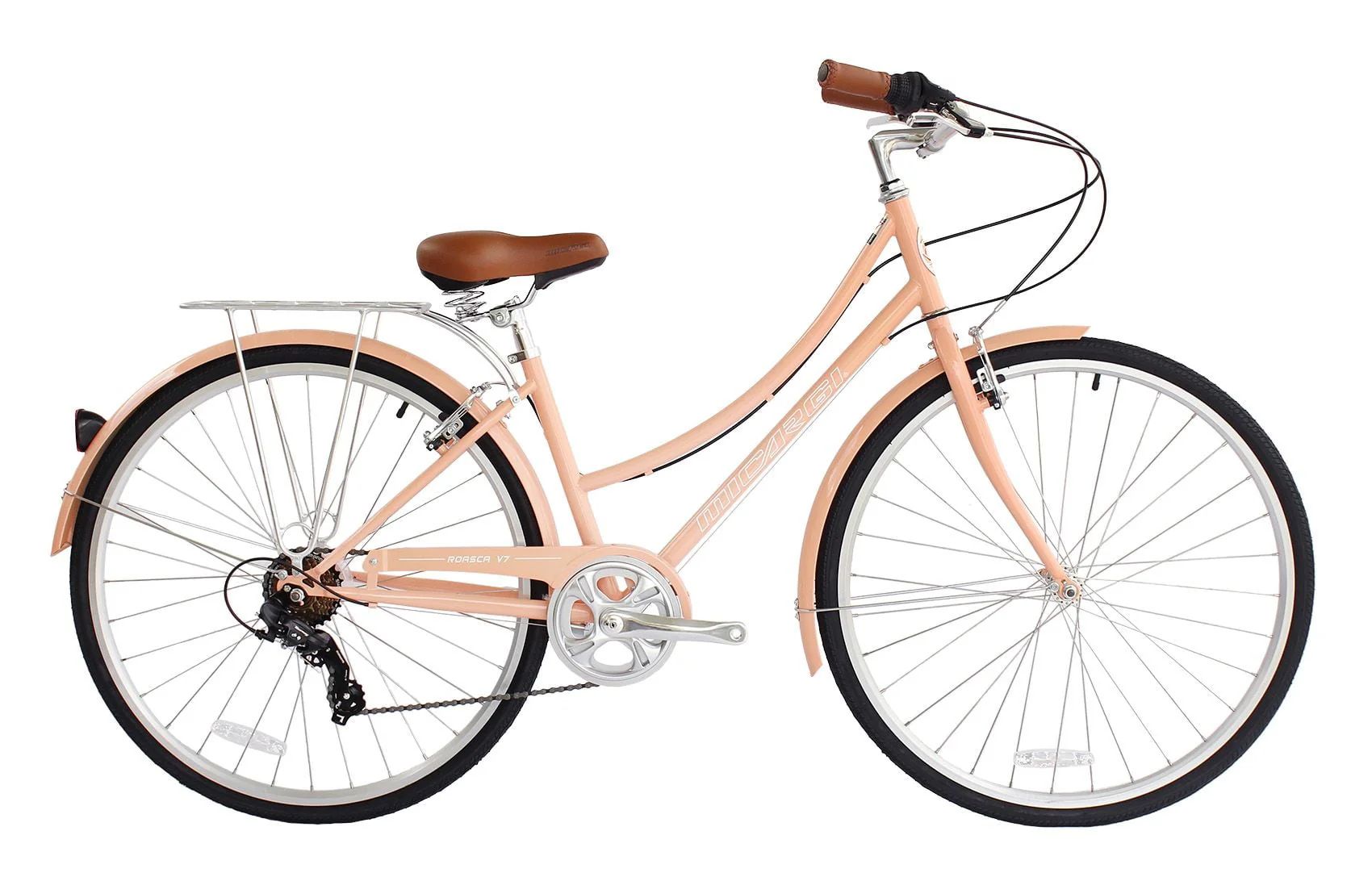 Wonder Wheels City Bike 700C 39 Cm/15.5" Hi-Ten Steel Frame, Shimano Tz21-7 Speed V-Brake, Alloy Rims 700C*14G*32H, Tire:700Cx35 Black. With Back Rack - Peach