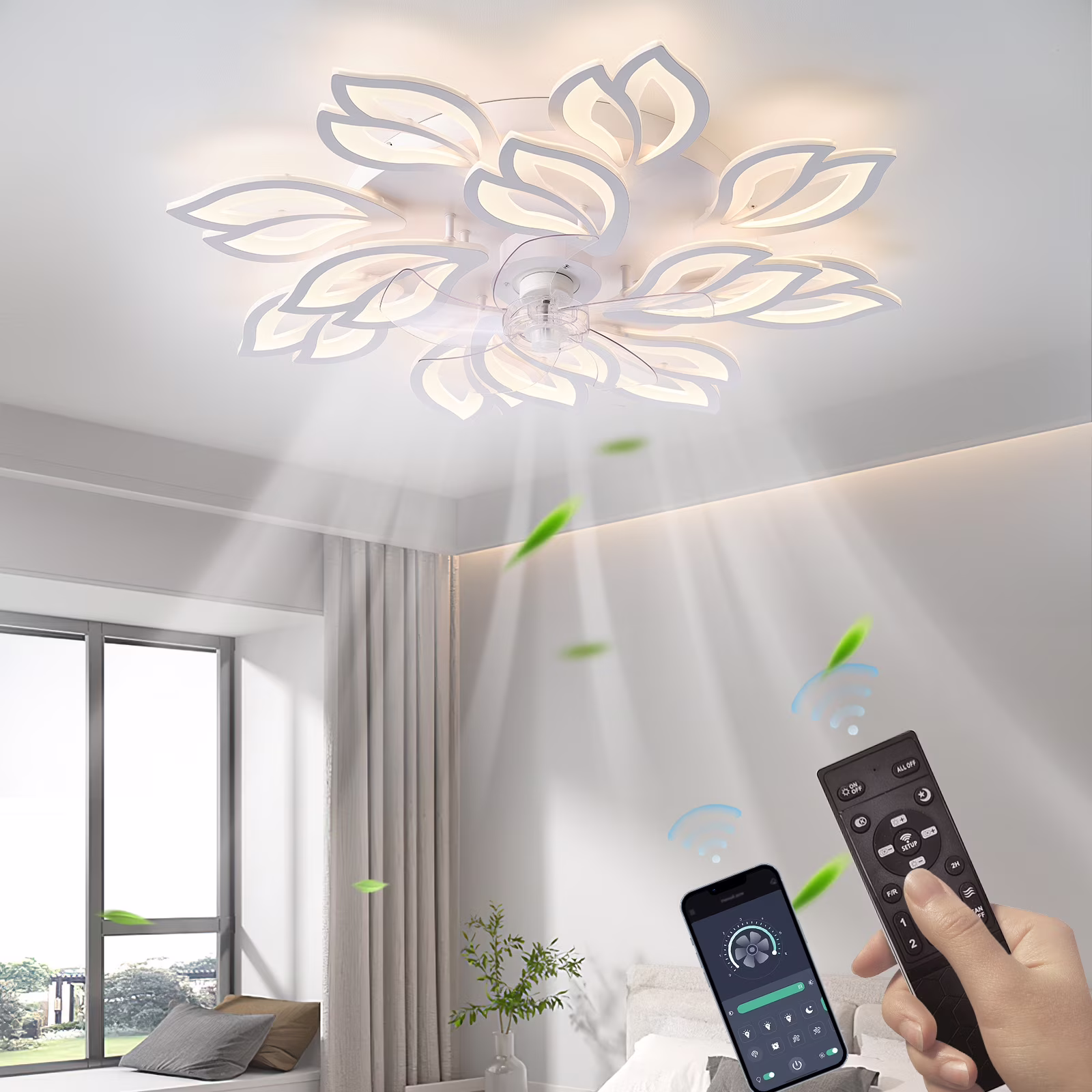 31.4" Modern Flush Mount Ceiling Fan with LED Light & Remote Control, Dimmable 3-Color 6-Speed Reversible Motor, Low Profile 12-Blade Fan for Bedroom, Living Room, Office - WHITE