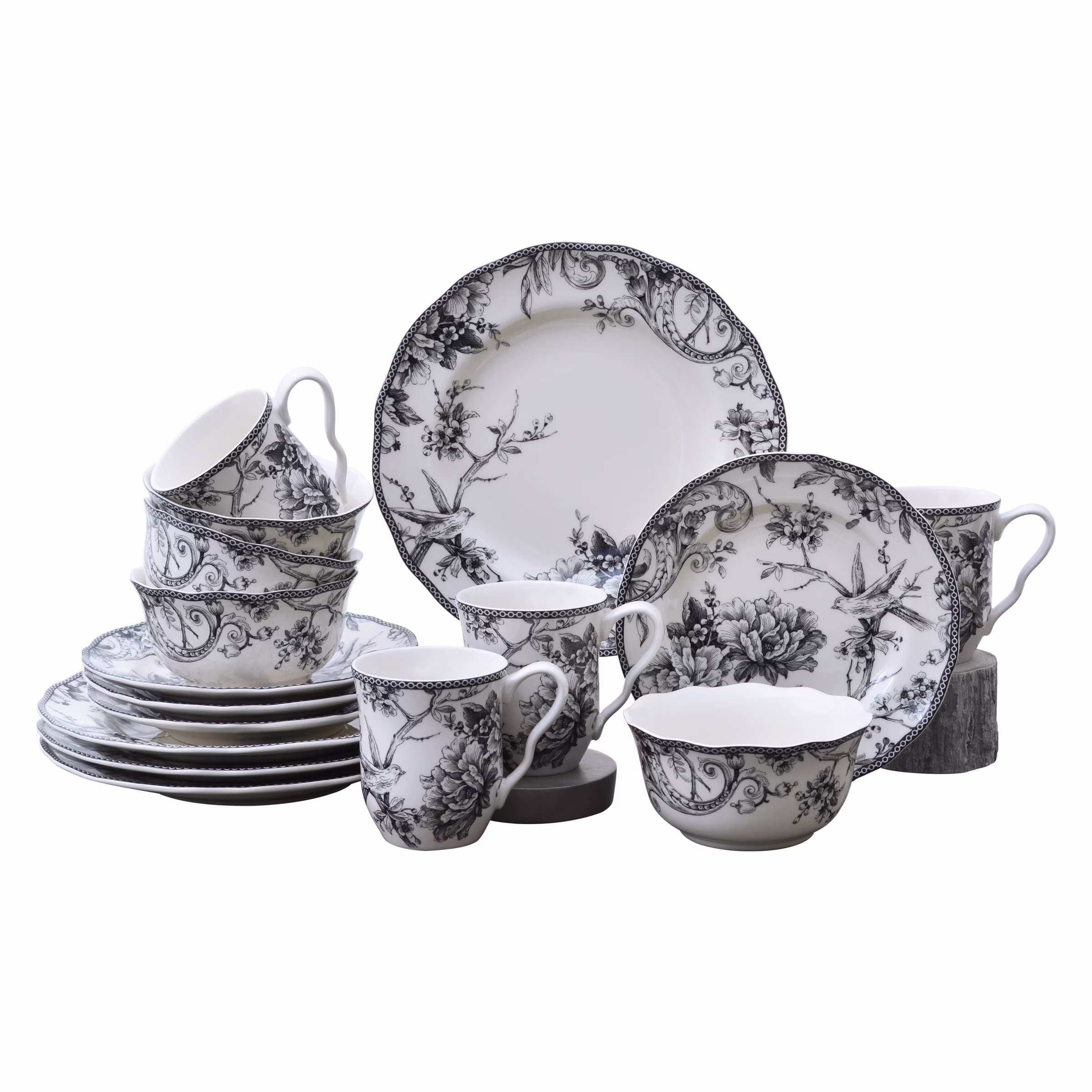 222 Fifth Adelaide Round 16-Piece Porcelain Dinnerware Set, Black Toile
