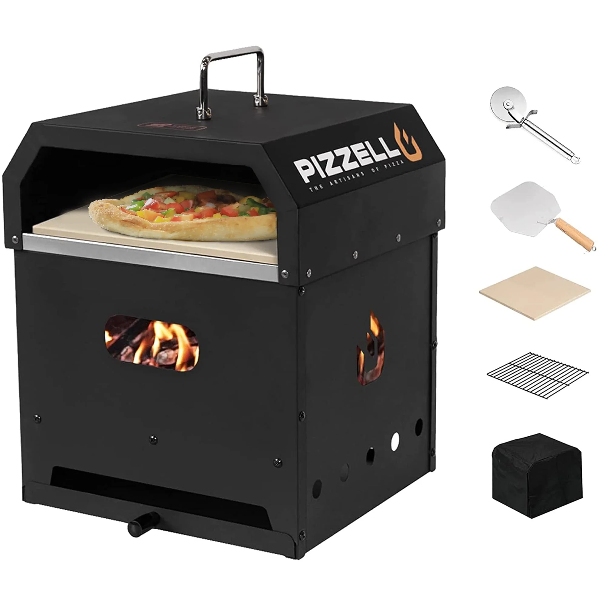 Pizzello Gusto 4 in 1 Outdoor Pizza Oven Wood Fired 12 inch Bbq Pizza Maker 2-Layer Detachable, Black