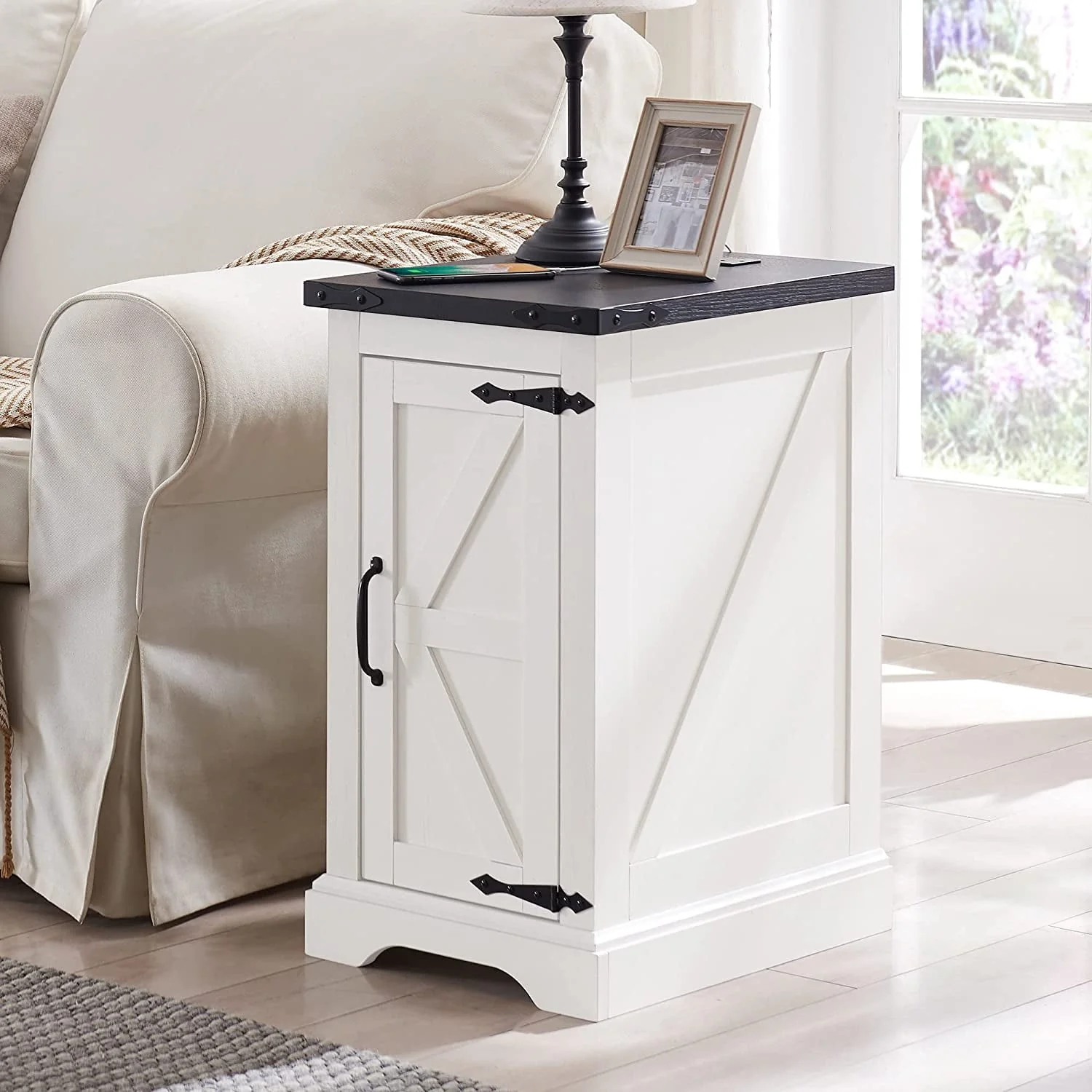 T4TREAM Nightstand with Charging Station, Rectangular Farmhouse End Table with Barn Door and Adjustable Storage Shelf,White