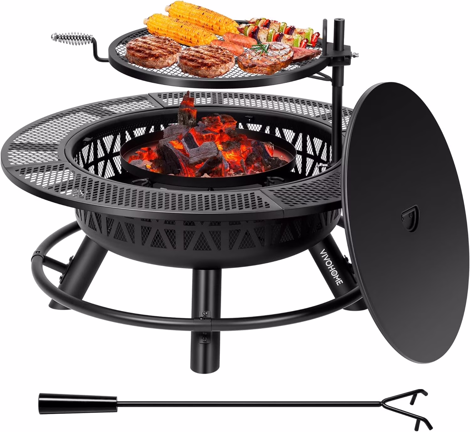 SPECSTAR 3-in-1 Fire Pit��35 in Wood Burning Firepits with Cooking Grill Grate & Charcoal Pan & Cover Lid, Metal Table for Backyard Bonfire BBQ Outdoor Camping Picnic